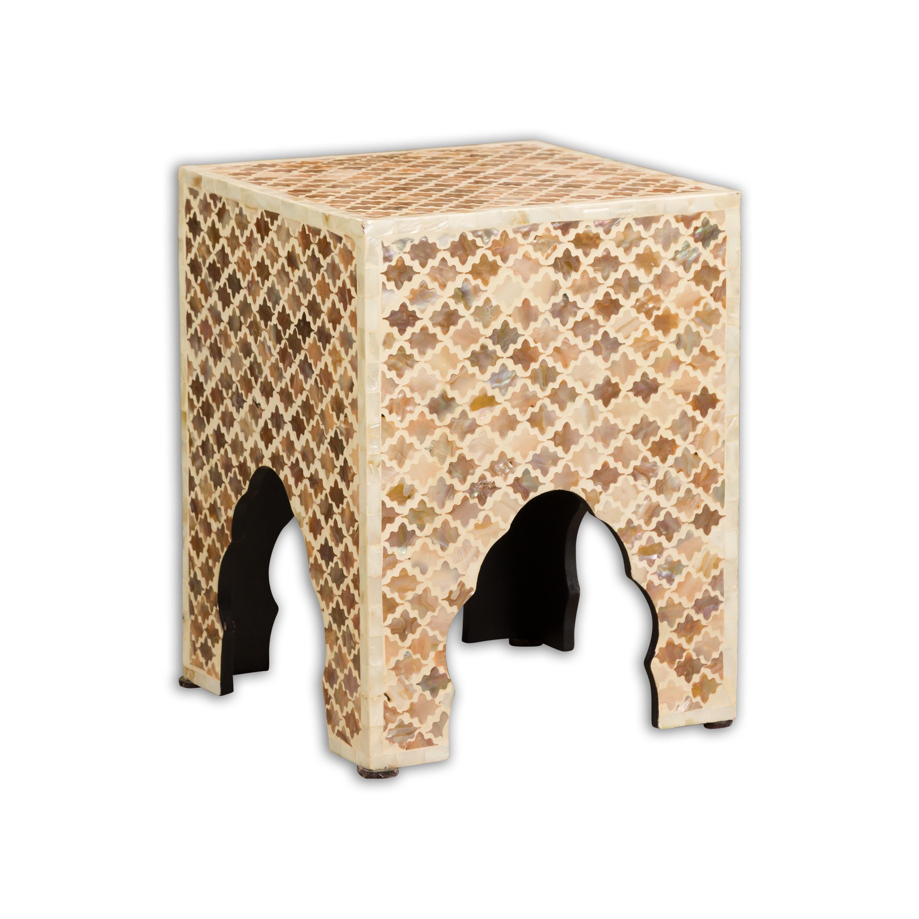 Small Moorish Style Mother of Pearl Midcentury French Stool with Arching Accents For Sale 8