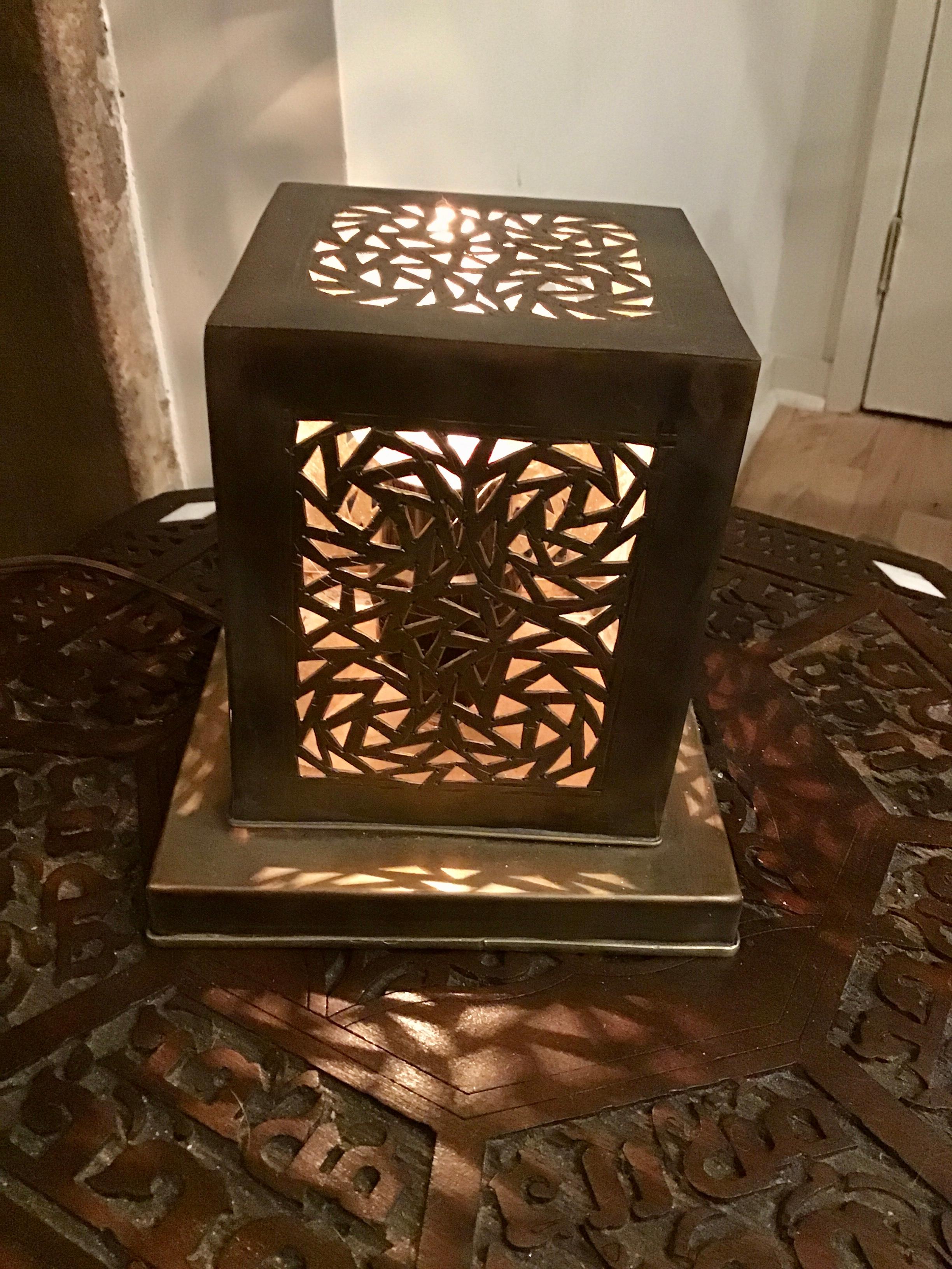 20th Century Small Moroccan Brass Cube Lamp