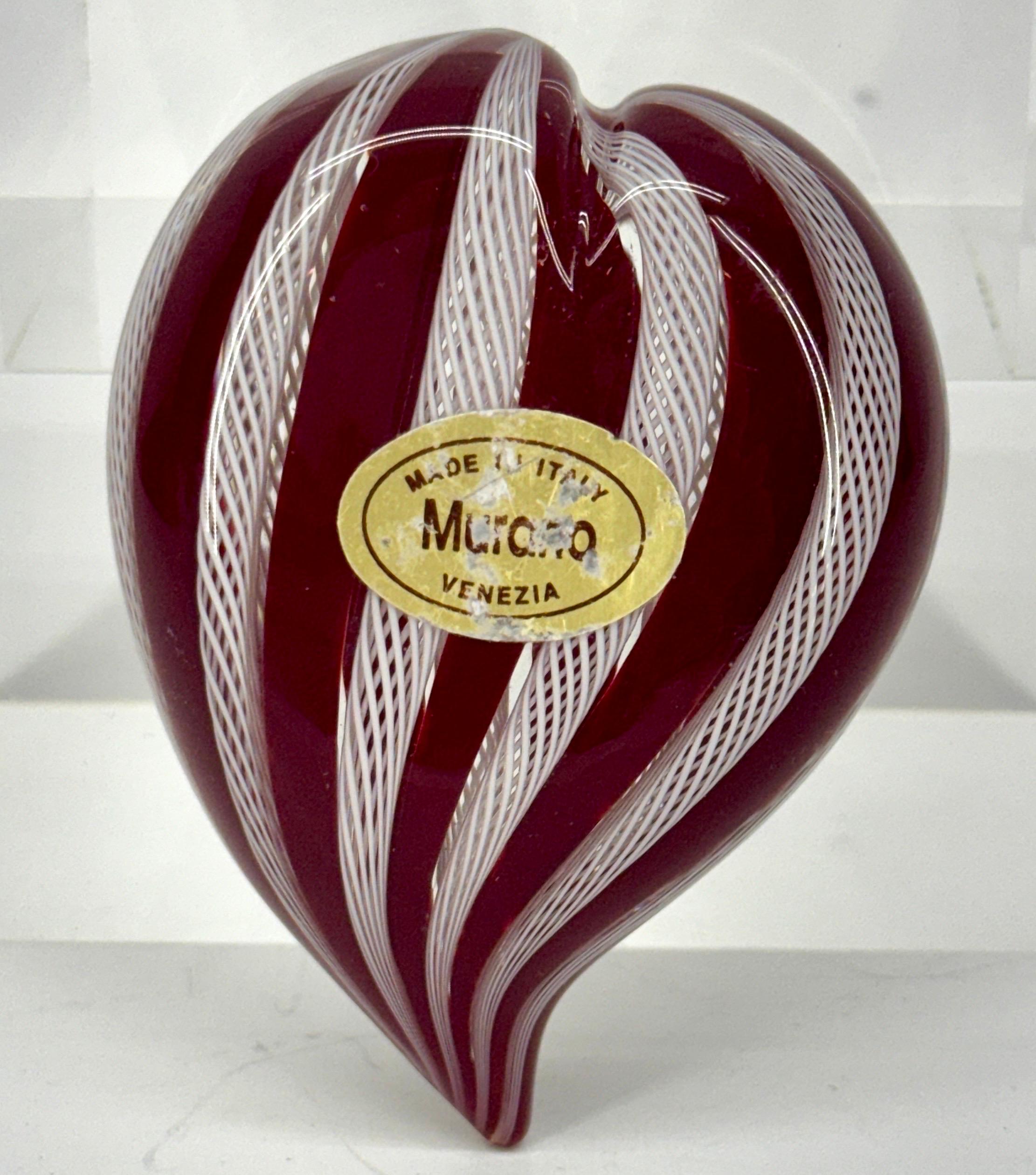 Art Glass Small Murano Red and White Heart Shaped Paper Weight, Italy circa 1960's For Sale