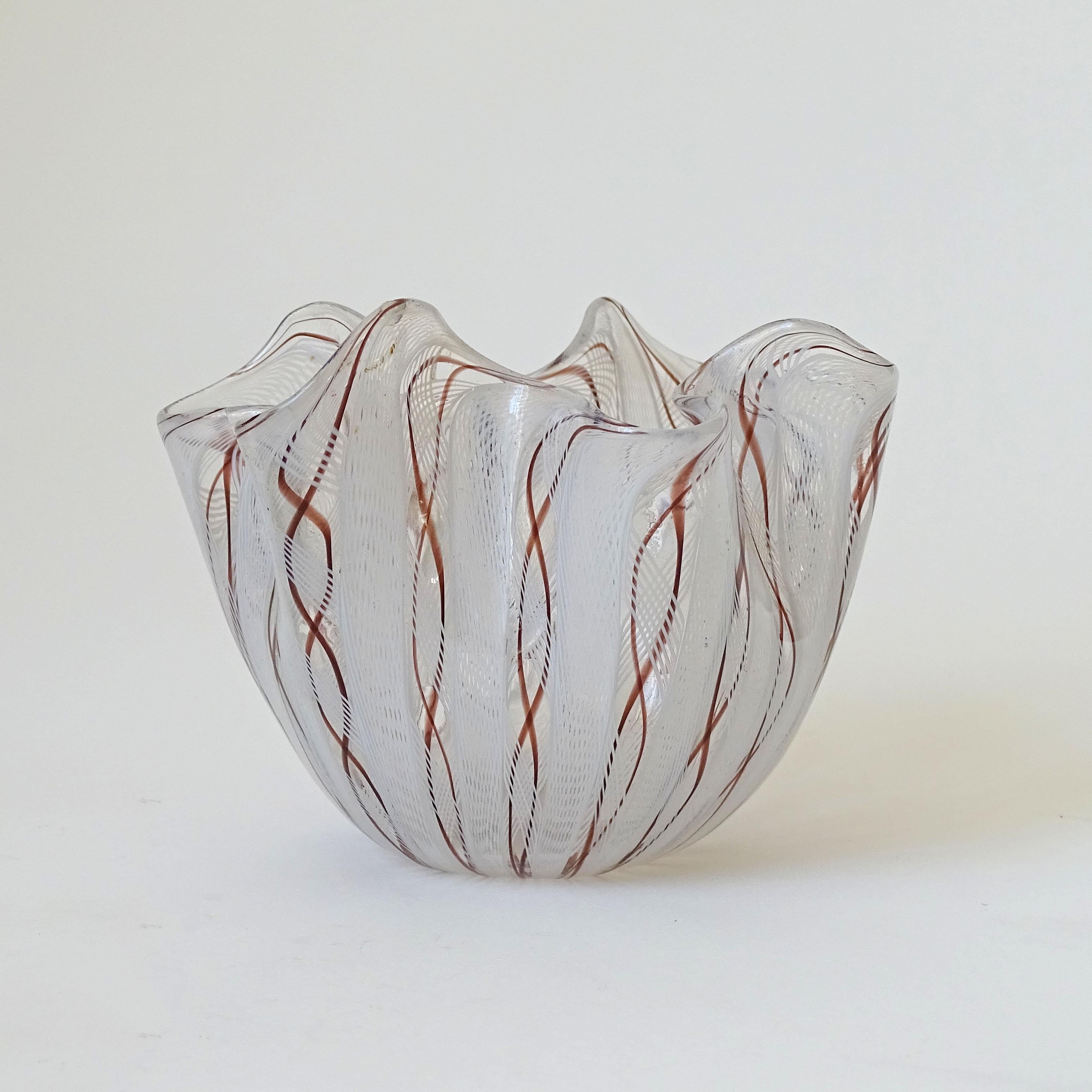 Mid-Century Modern Small Murano Reticello Glass Fazzoletto Vase, Italy 1950s For Sale