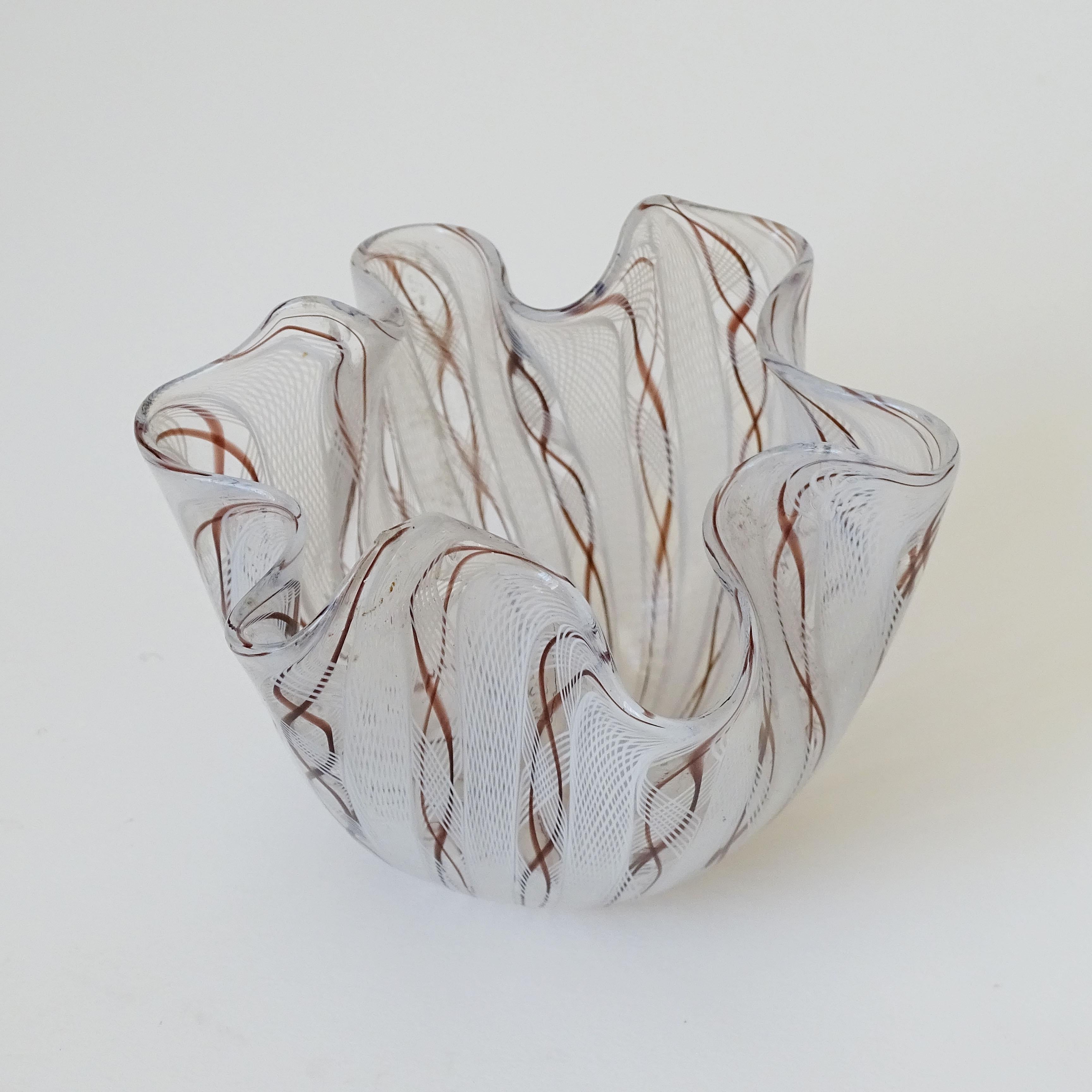 Italian Small Murano Reticello Glass Fazzoletto Vase, Italy 1950s For Sale