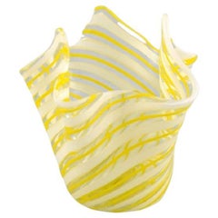 Small Murano vase / bowl in yellow, white and clear mouth blown art glass.