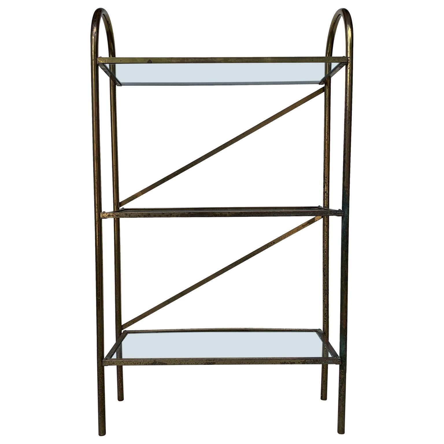 Small Narrow MidCentury Modern Brass And Glass Shelves Bathroom Rack