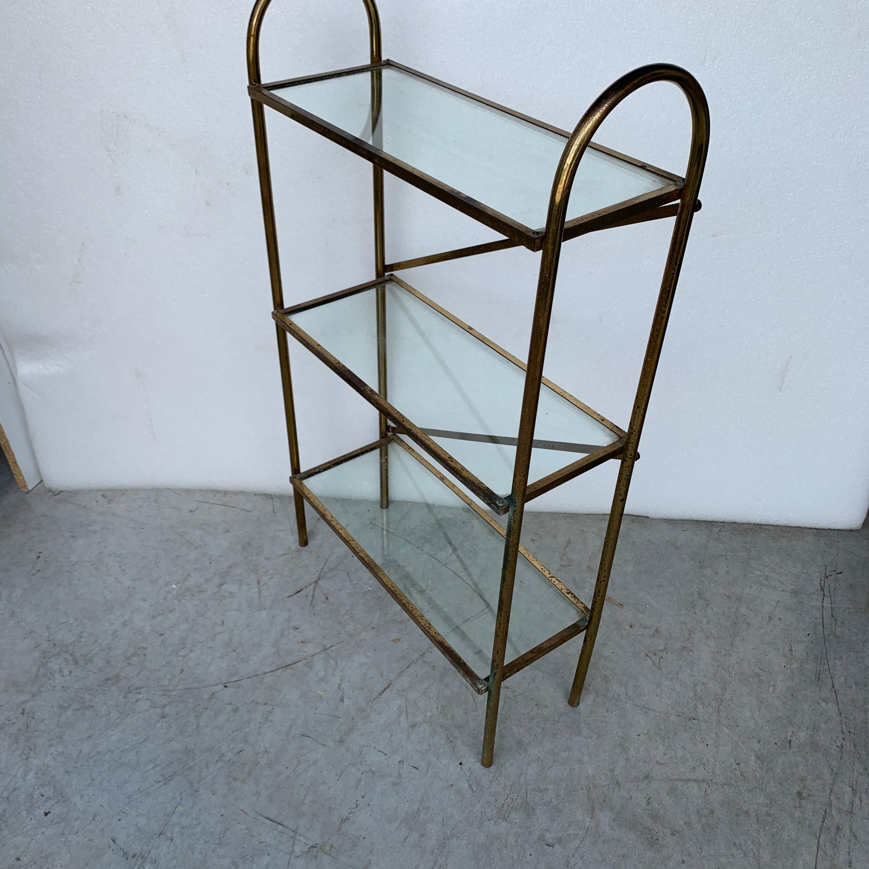 Small Narrow Mid-Century Modern Brass And Glass Shelves Bathroom Rack Shelf In Good Condition In Haddonfield, NJ