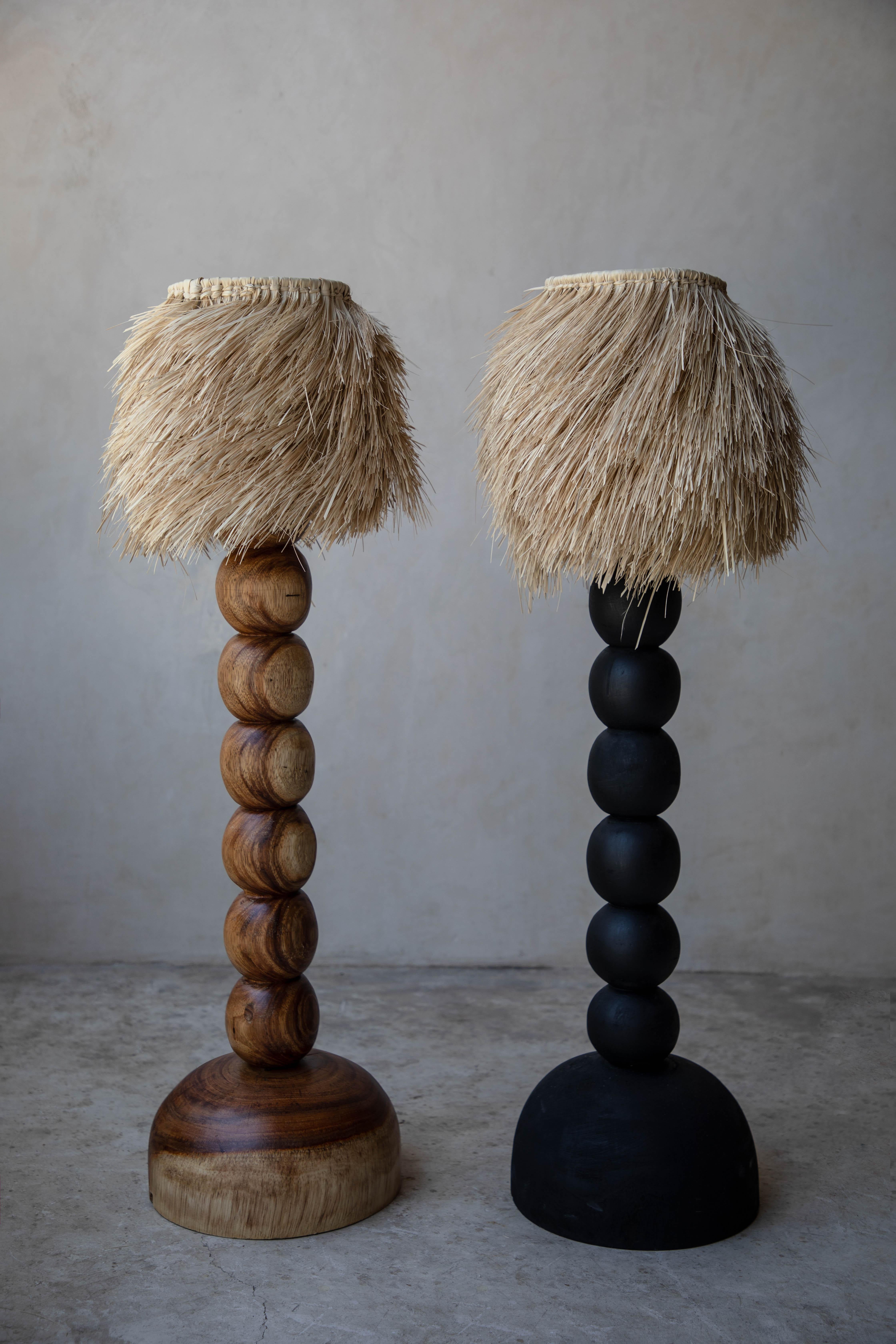 Mexican Small Natural Jabin Wood Floor Lamp with Palm Screen by Daniel Orozco