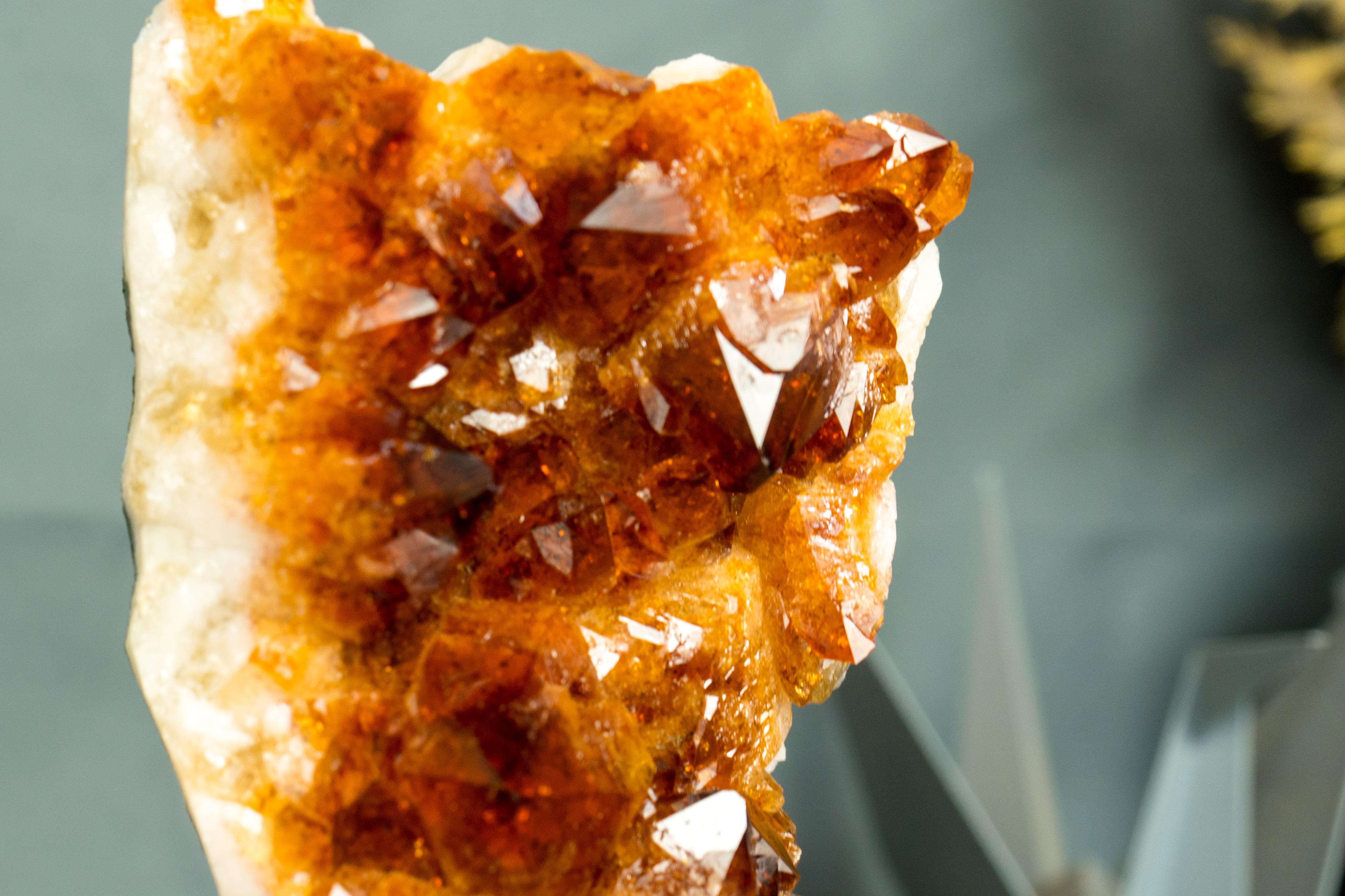 Brazilian Small Natural Madeira Citrine Cluster with AAA Red Orange Citrine Druzy on Stand For Sale