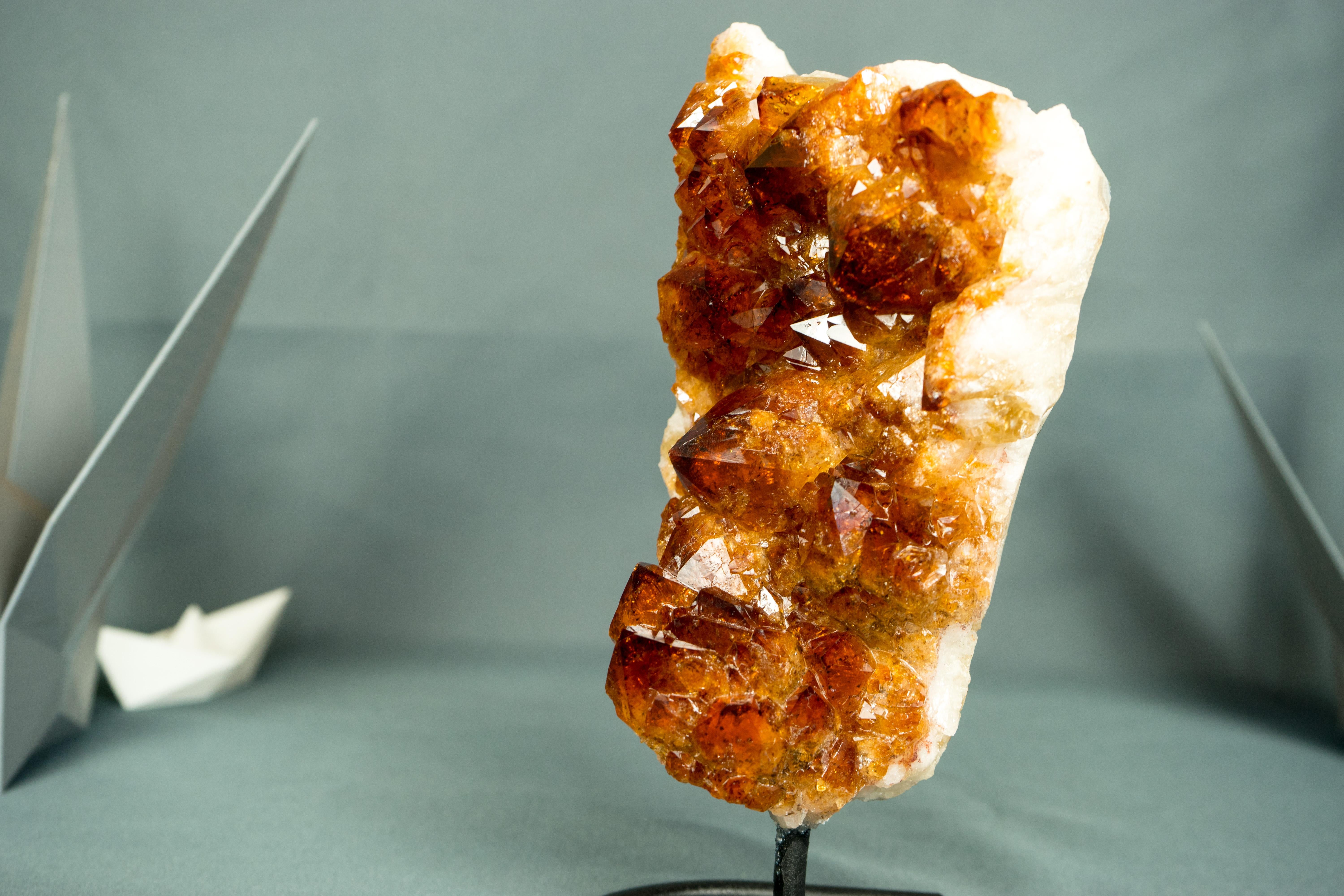 Contemporary Small Natural Madeira Citrine Cluster with AAA Red Orange Citrine Druzy on Stand For Sale