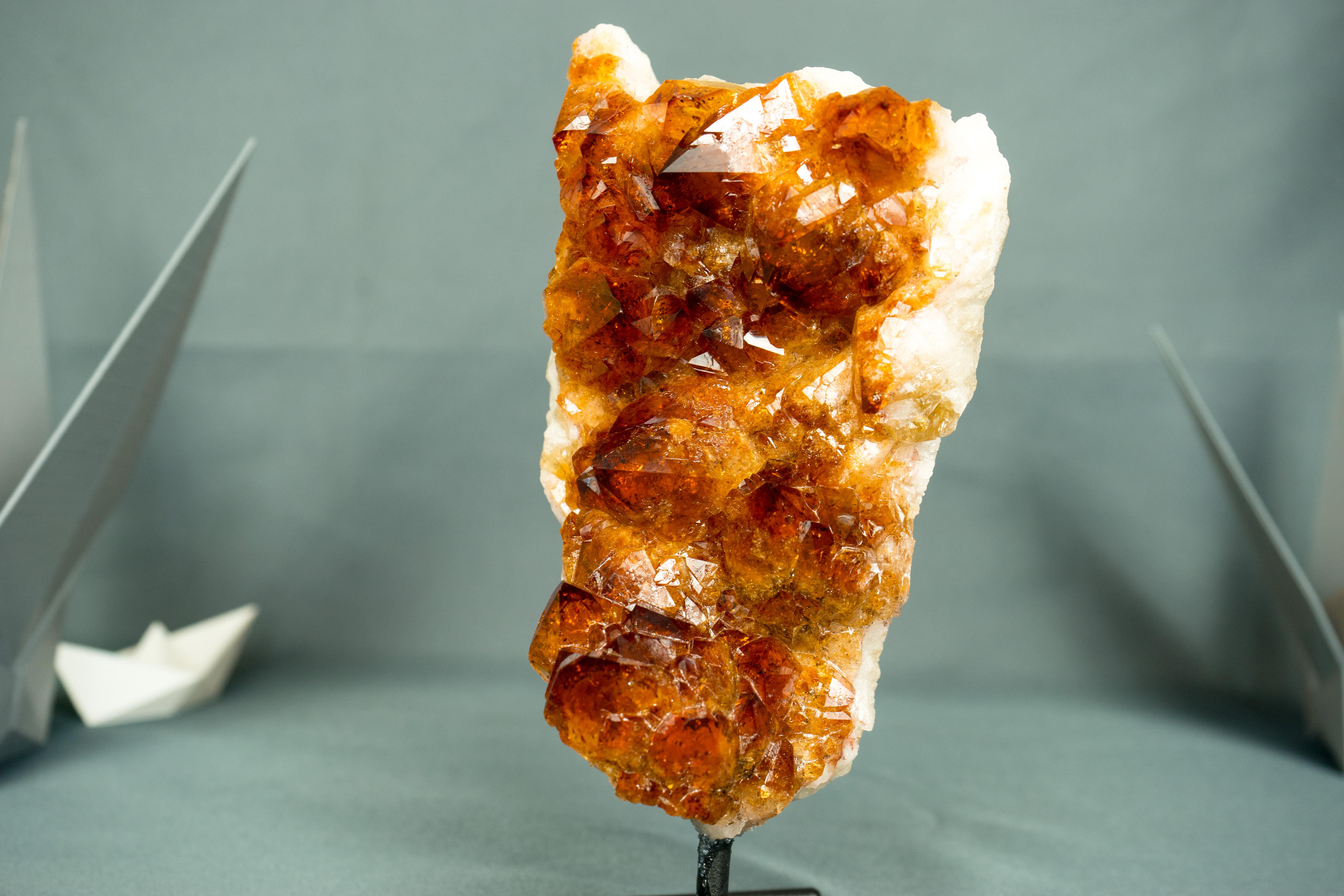 Crystal Small Natural Madeira Citrine Cluster with AAA Red Orange Citrine Druzy on Stand For Sale