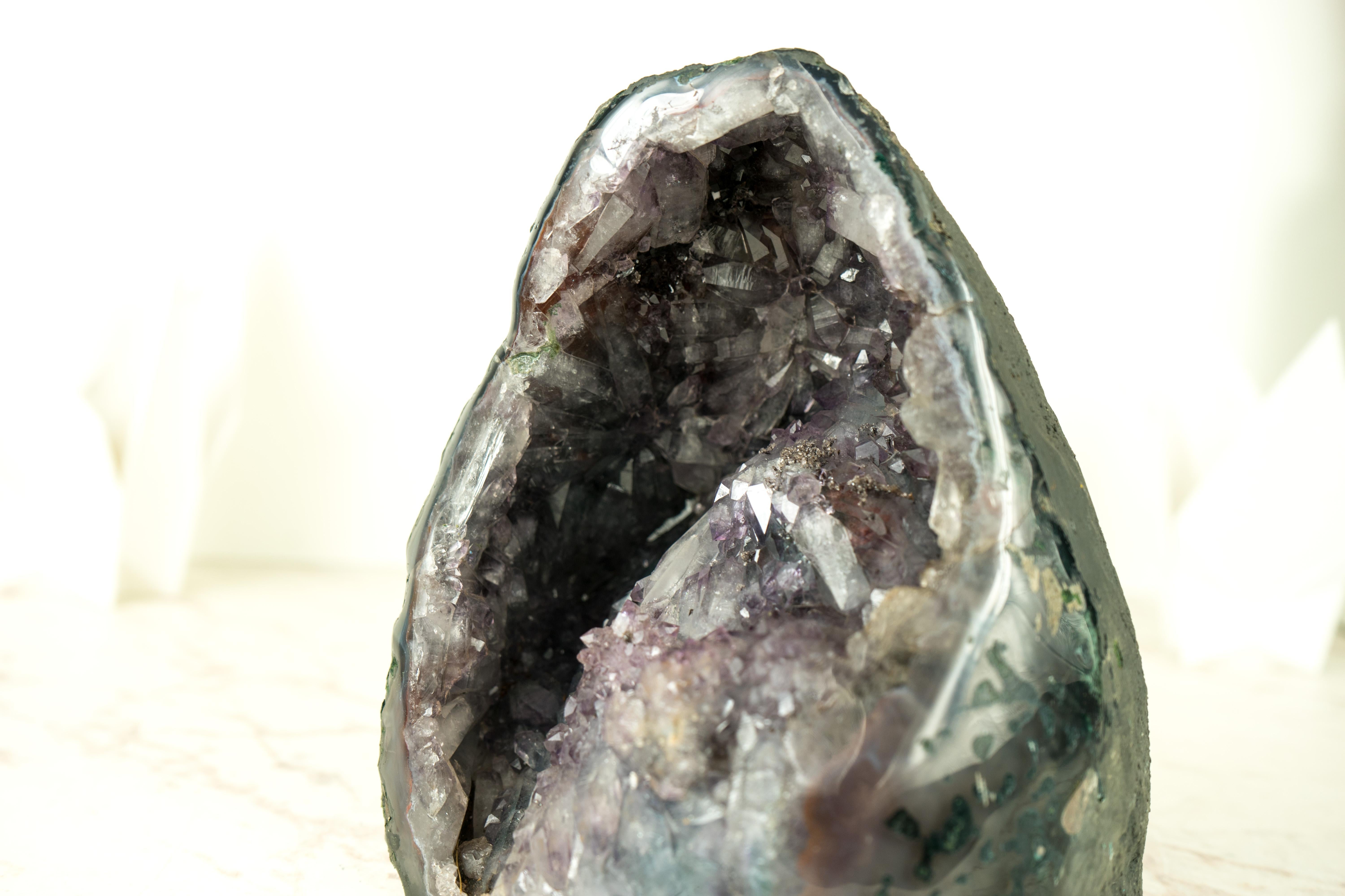 Contemporary Small Natural Purple Amethyst Geode with Flower, Perfect as An Accent Decor For Sale