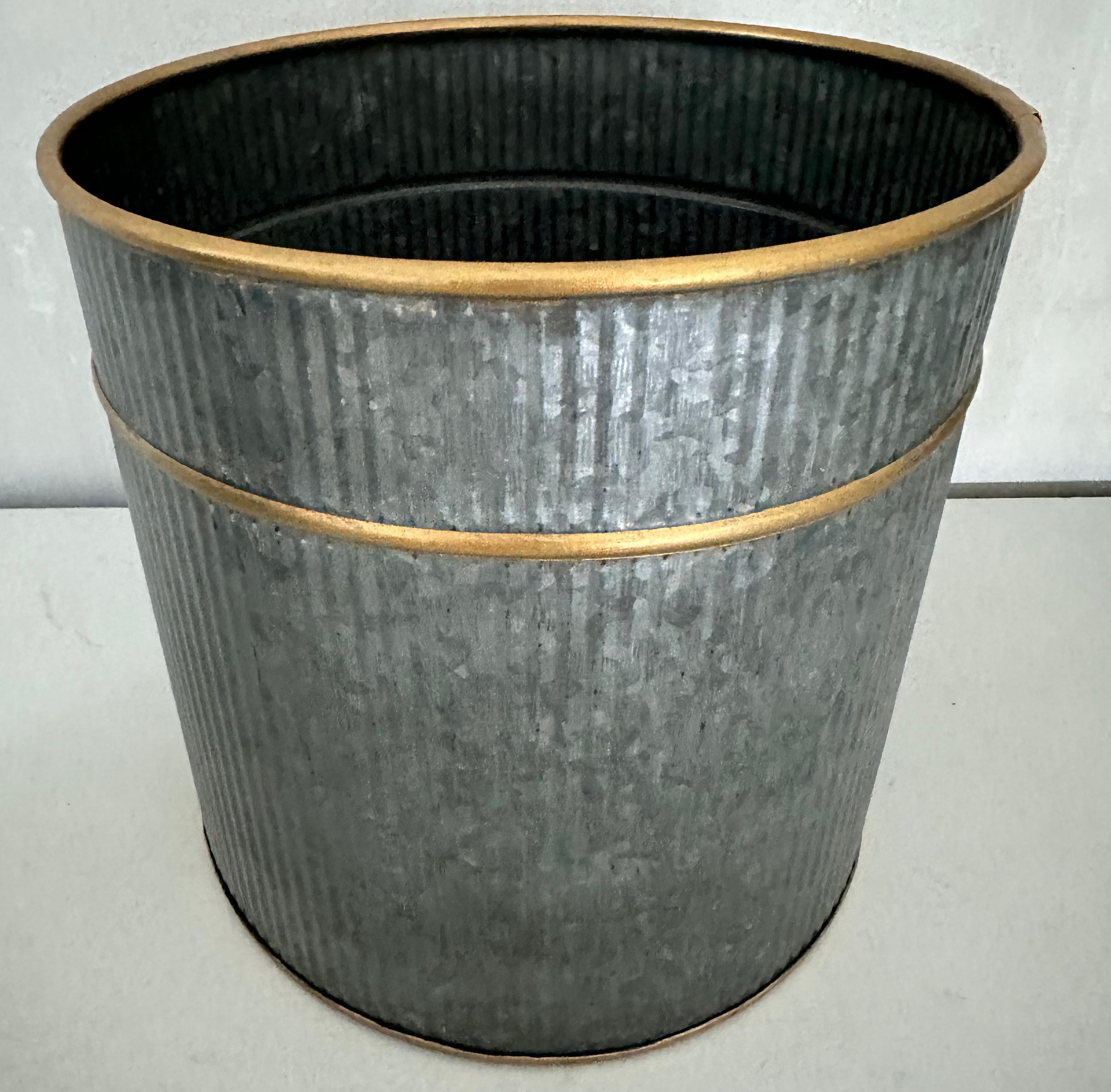 Galvanized Small Neoclassical Gold Gilt Accent Metal Waste Basket For Sale