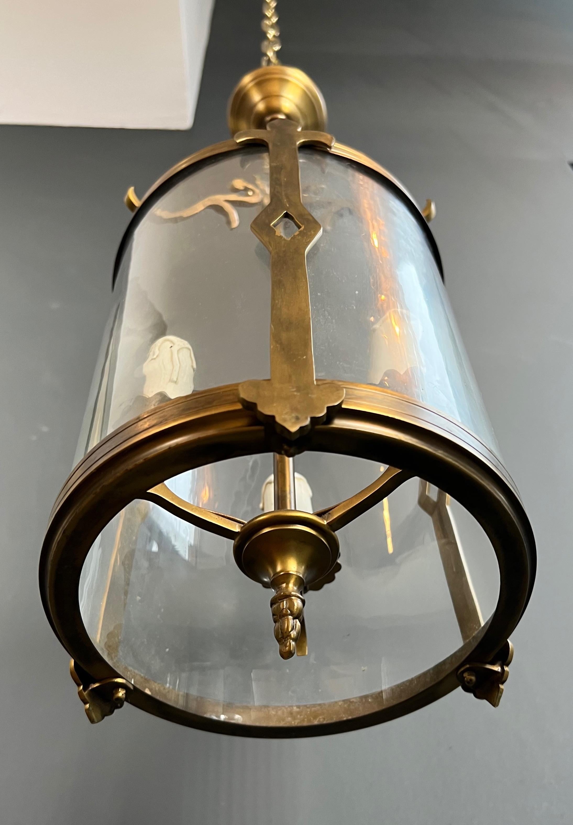 Small Neoclassical Style Bronze Lantern with Round Glass For Sale 6