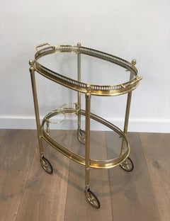 Small Neoclassical Style Oval Brass Bar Cart with Double Removable Tops by