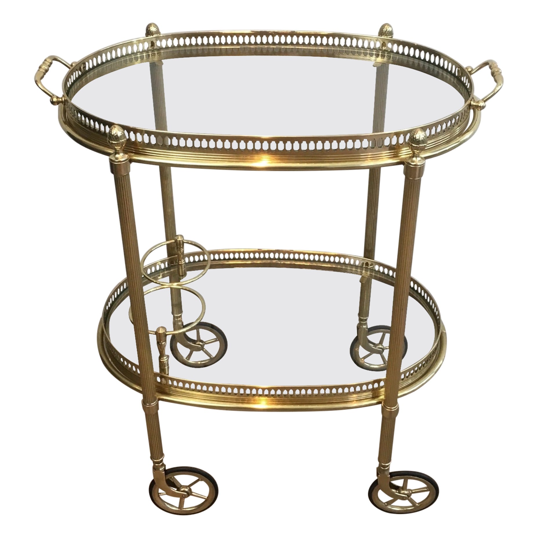 Piccolo carrello da bar ovale in ottone in stile neoclassico con doppio piano estraibile di in vendita