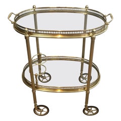 Small Neoclassical Style Oval Brass Bar Cart with Double Removable Tops by