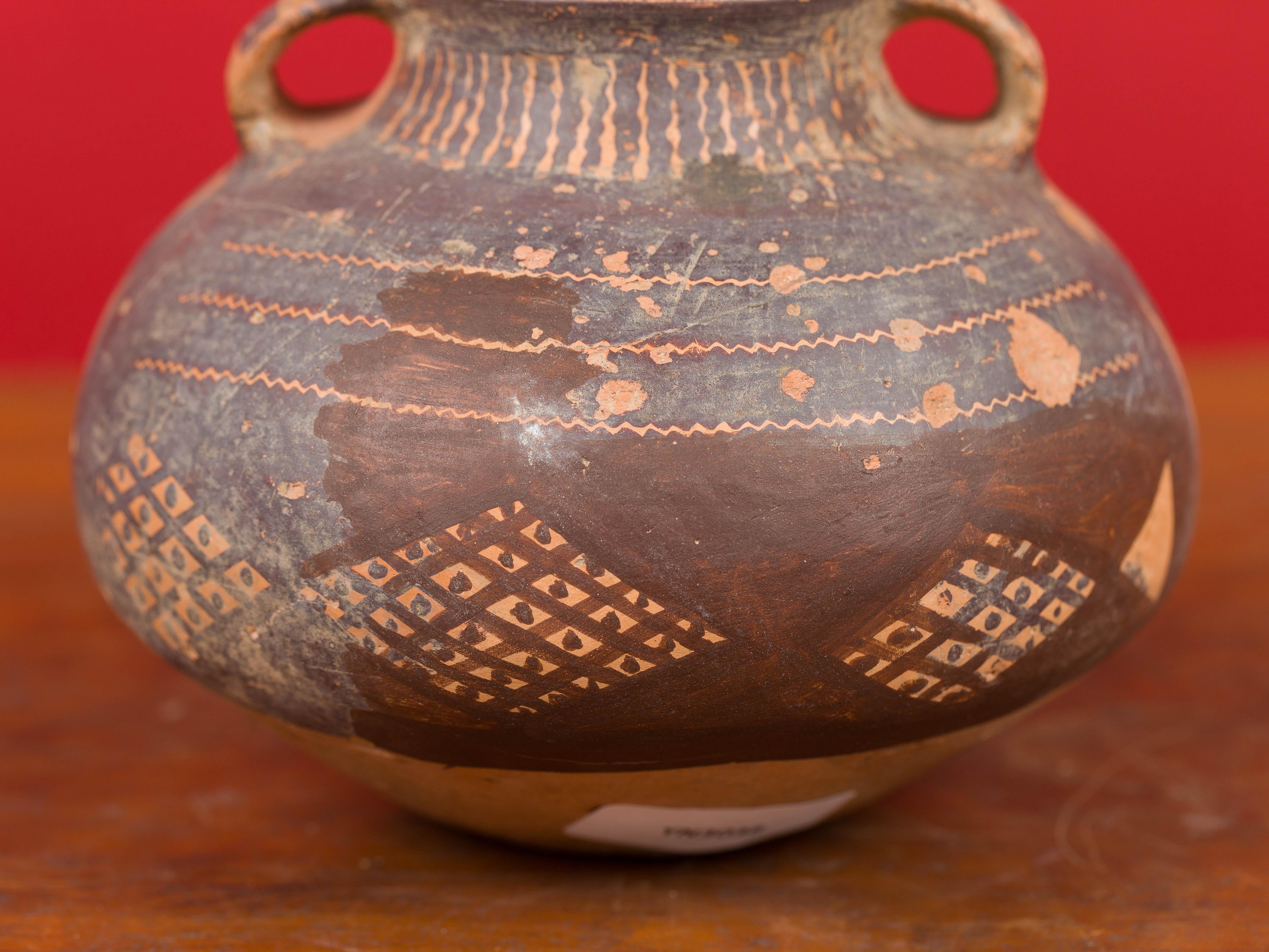 Chinese Small Neolithic Terracotta Pitcher with Brown Geometric Décor and Double Handles