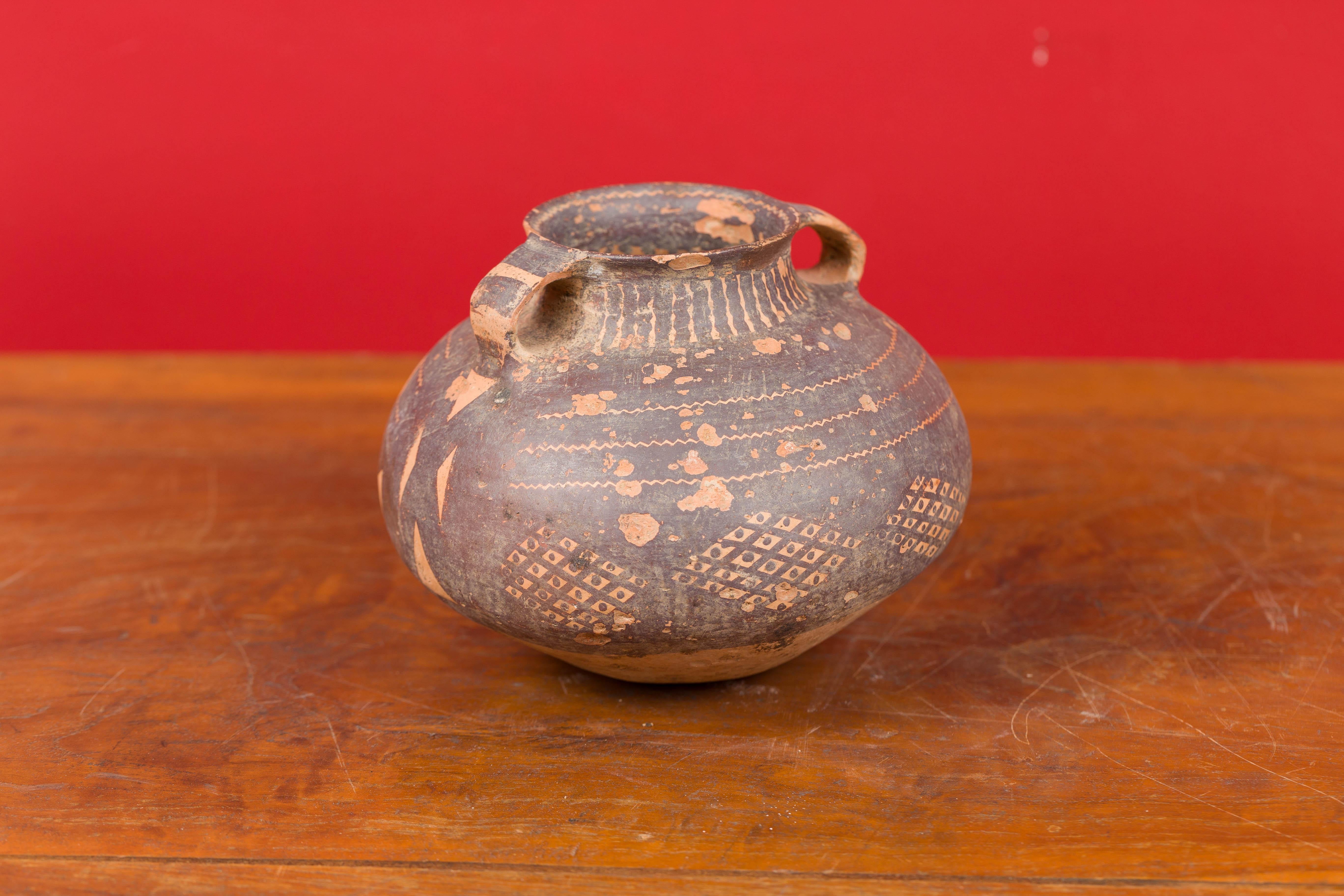 18th Century and Earlier Small Neolithic Terracotta Pitcher with Brown Geometric Décor and Double Handles