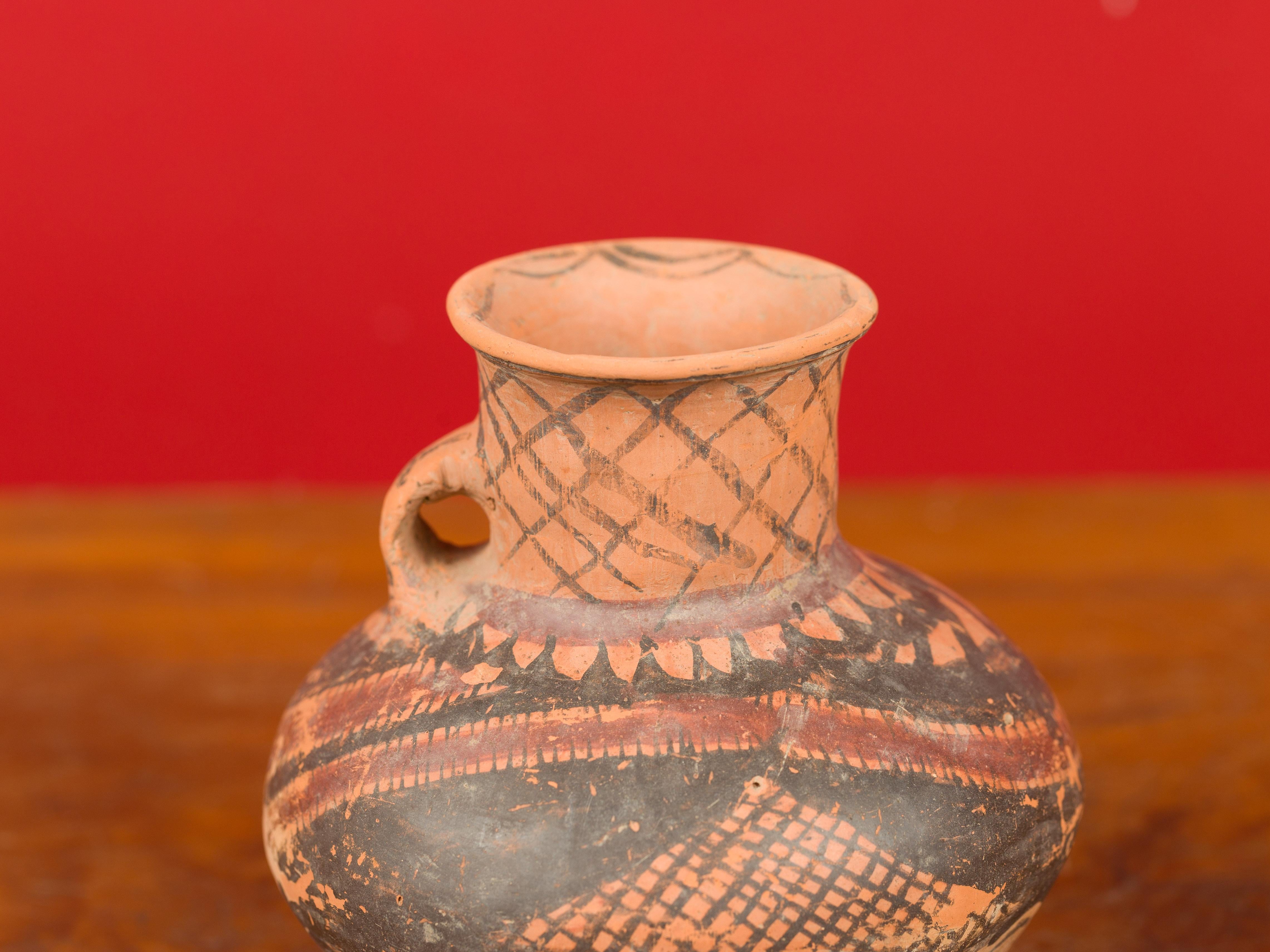 Small Neolithic Terracotta Pitcher with Geometric Decor and Lateral Handle In Good Condition In Yonkers, NY
