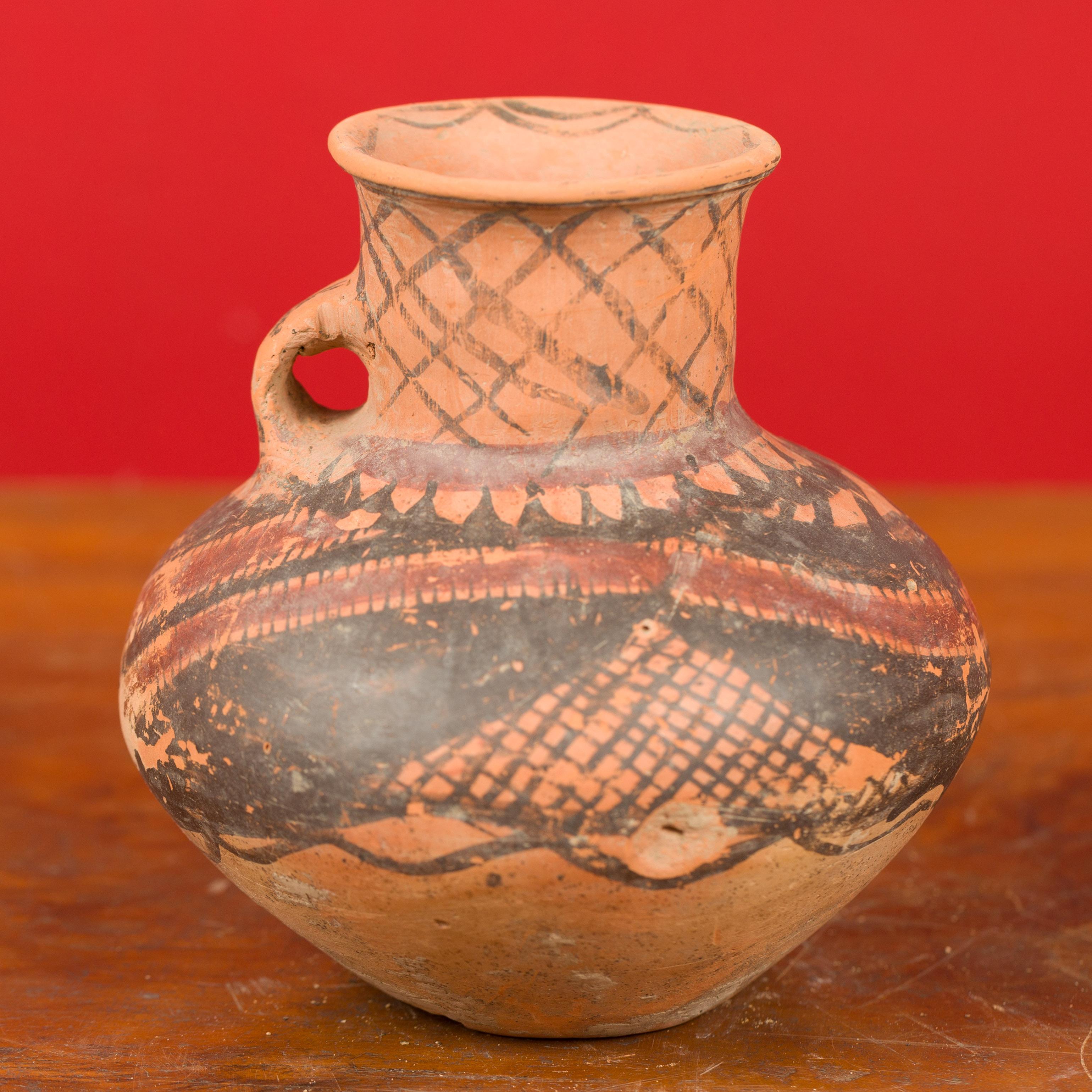 18th Century and Earlier Small Neolithic Terracotta Pitcher with Geometric Decor and Lateral Handle