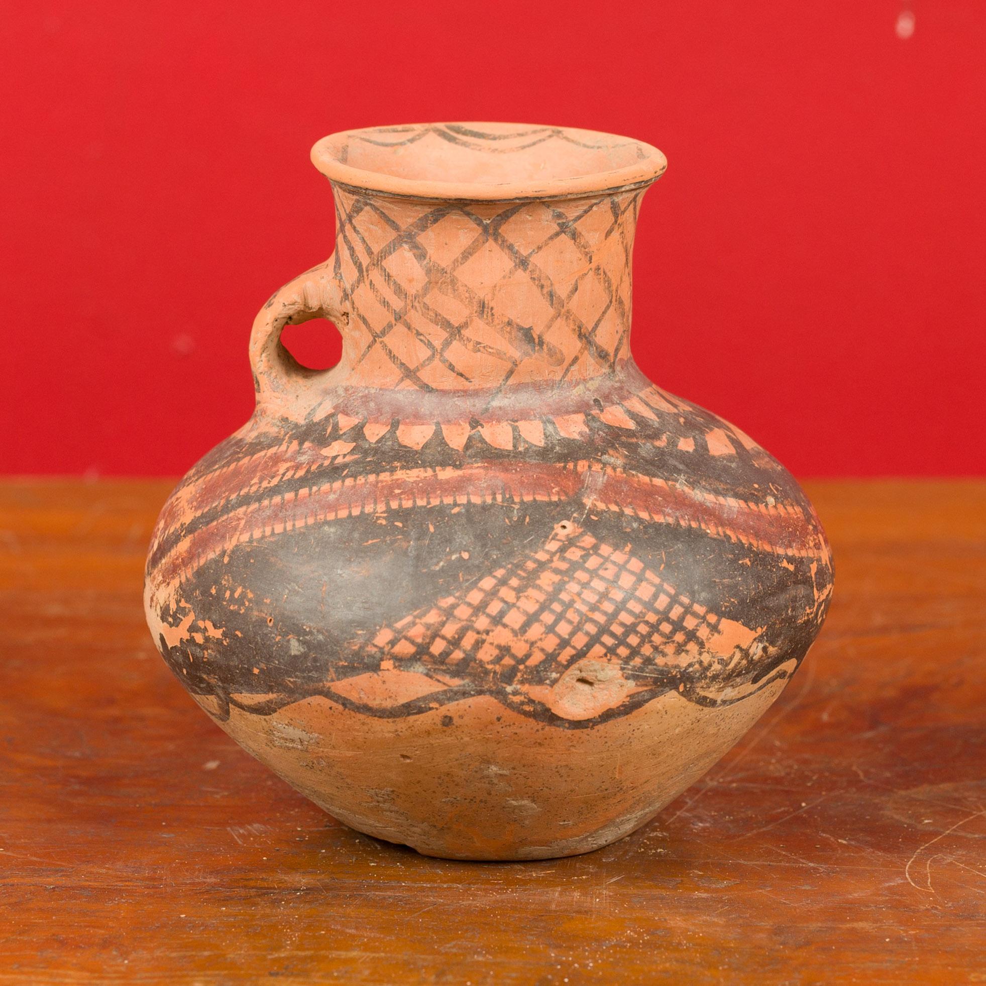 Pottery Small Neolithic Terracotta Pitcher with Geometric Decor and Lateral Handle