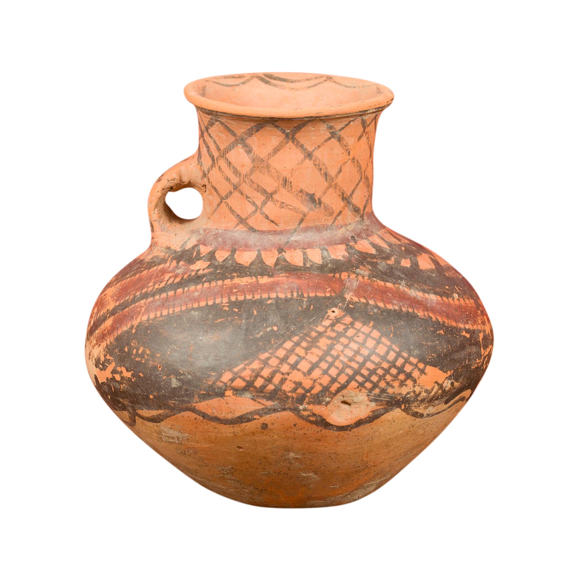 Small Neolithic Terracotta Pitcher with Geometric Decor and Lateral Handle