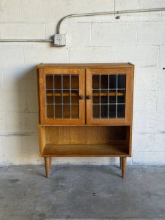 Small Oak Bookcase with Leaded Glass Doors Danish Mid-Century Modern 1960s