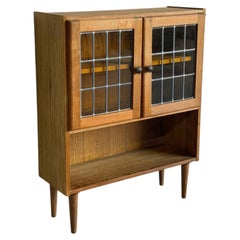 Small Oak Bookcase with Leaded Glass Doors Danish Mid-Century Modern 1960s