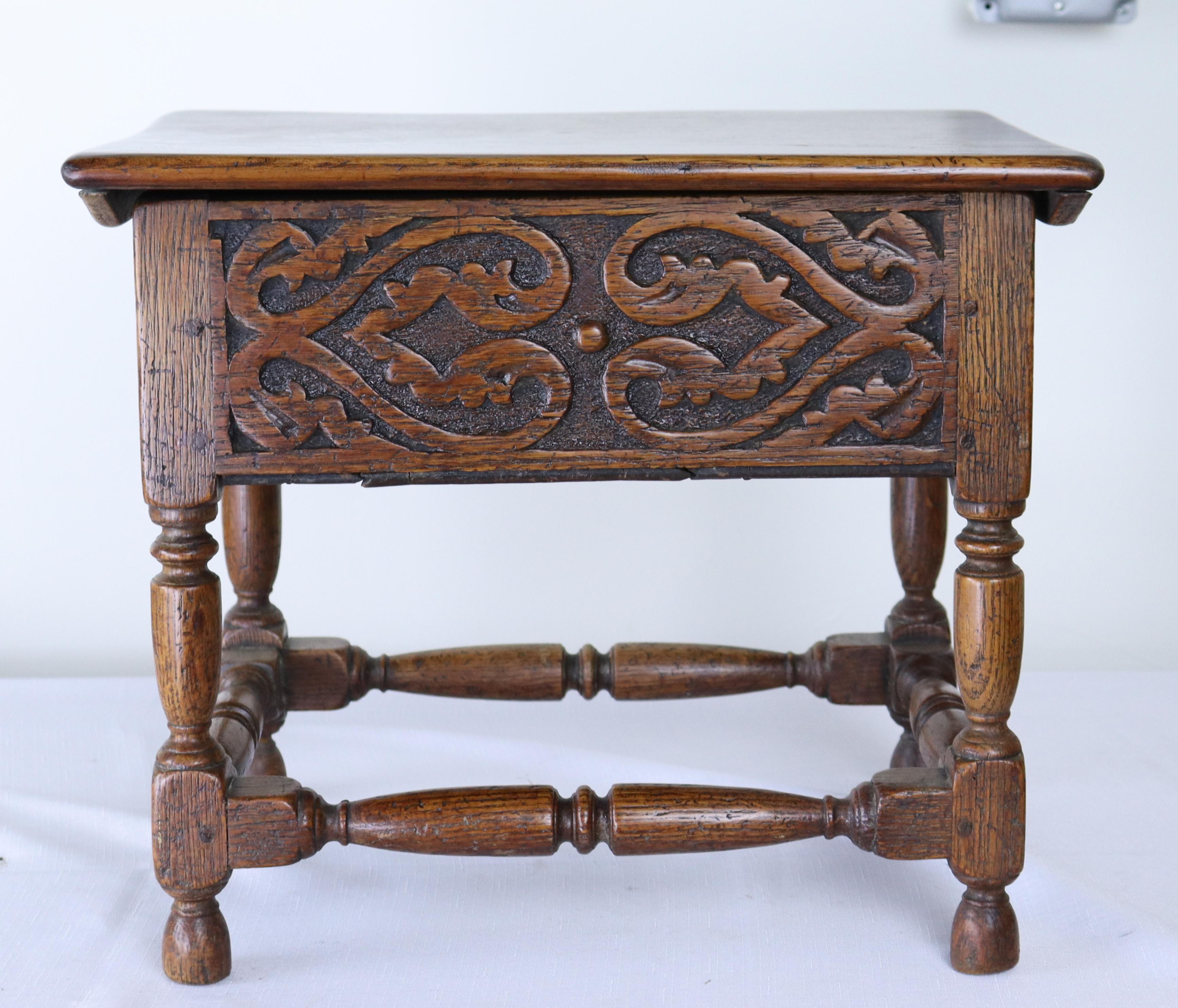 A small carved English box on legs in golden oak. Can be used as a stool, a keepsake box, a low table or all of the above. Would make a nice perch for your drink next to the fireplace.