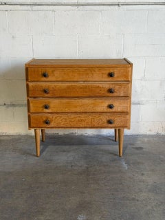 Small Oak Dresser with 4 Drawers Sunburst Knobs and Tapered Legs Denmark 1960s