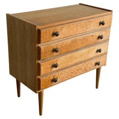 Small Oak Dresser with 4 Drawers Sunburst Knobs and Tapered Legs Denmark 1960s