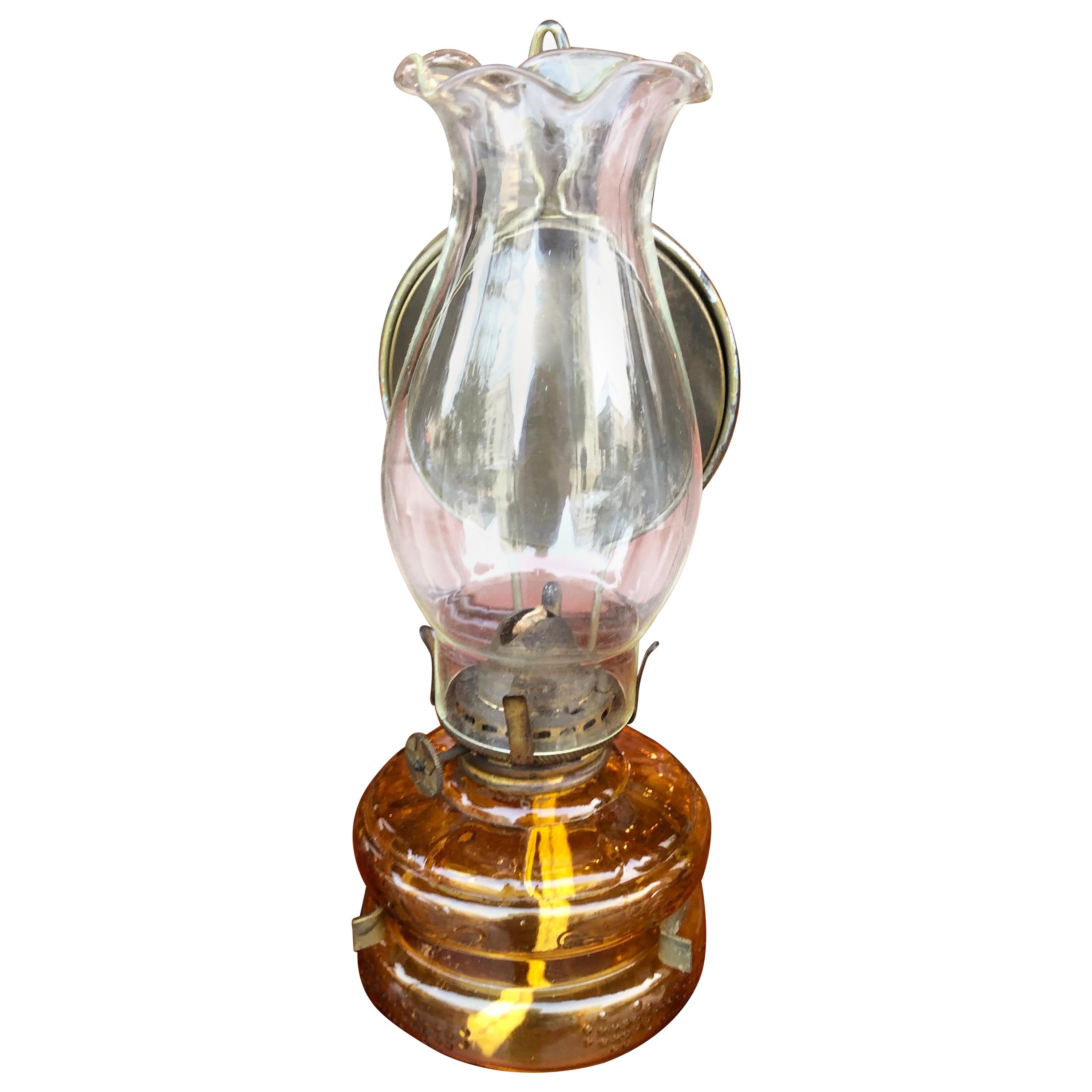 Small Oil Lamp with Brass Reflector Hallway Sconce For Sale