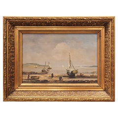 Small Oil on Board Beach and Sailboat Painting from France, 20th Century