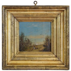 Small Oil on Board in Period Giltwood Frame, Horseman Approaching Harbour