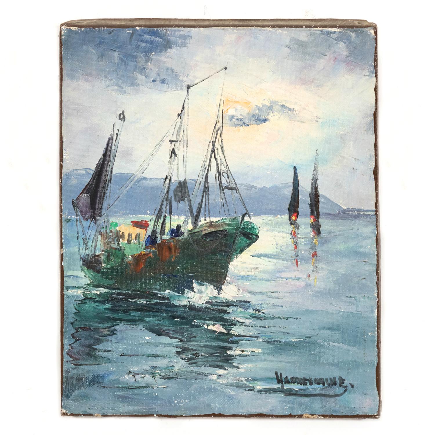A small oil on canvas French seascape painting, circa 1932s. This beautiful French seascape, probably painted by a local Marseille artist, depicts a fishing boat or barque de pecheur in the turquoise blue waters of the Mediterranean Sea with two