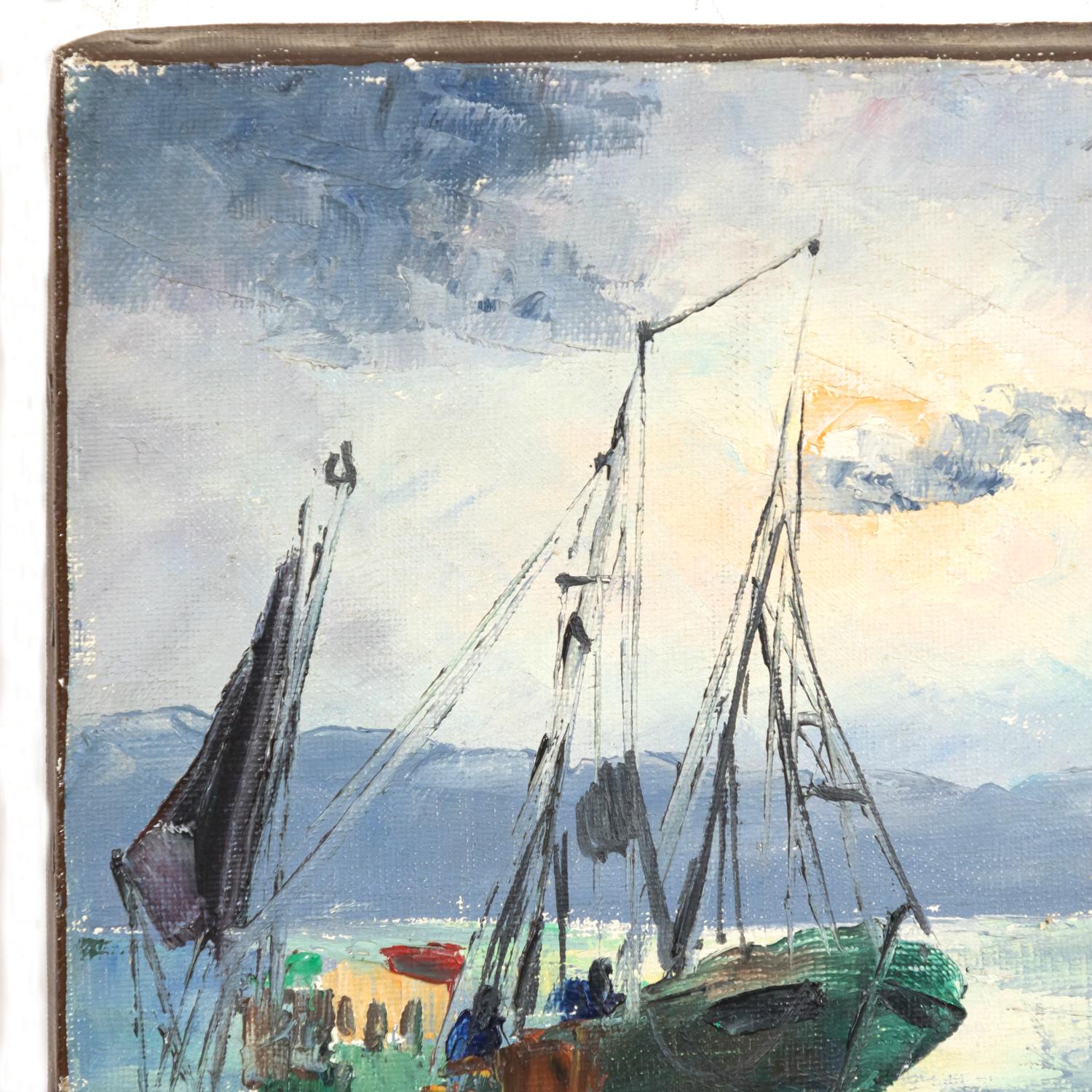 Français Petite peinture à l'huile sur toile - Paysage marin français - Bateaux de pêche et canoë en vente