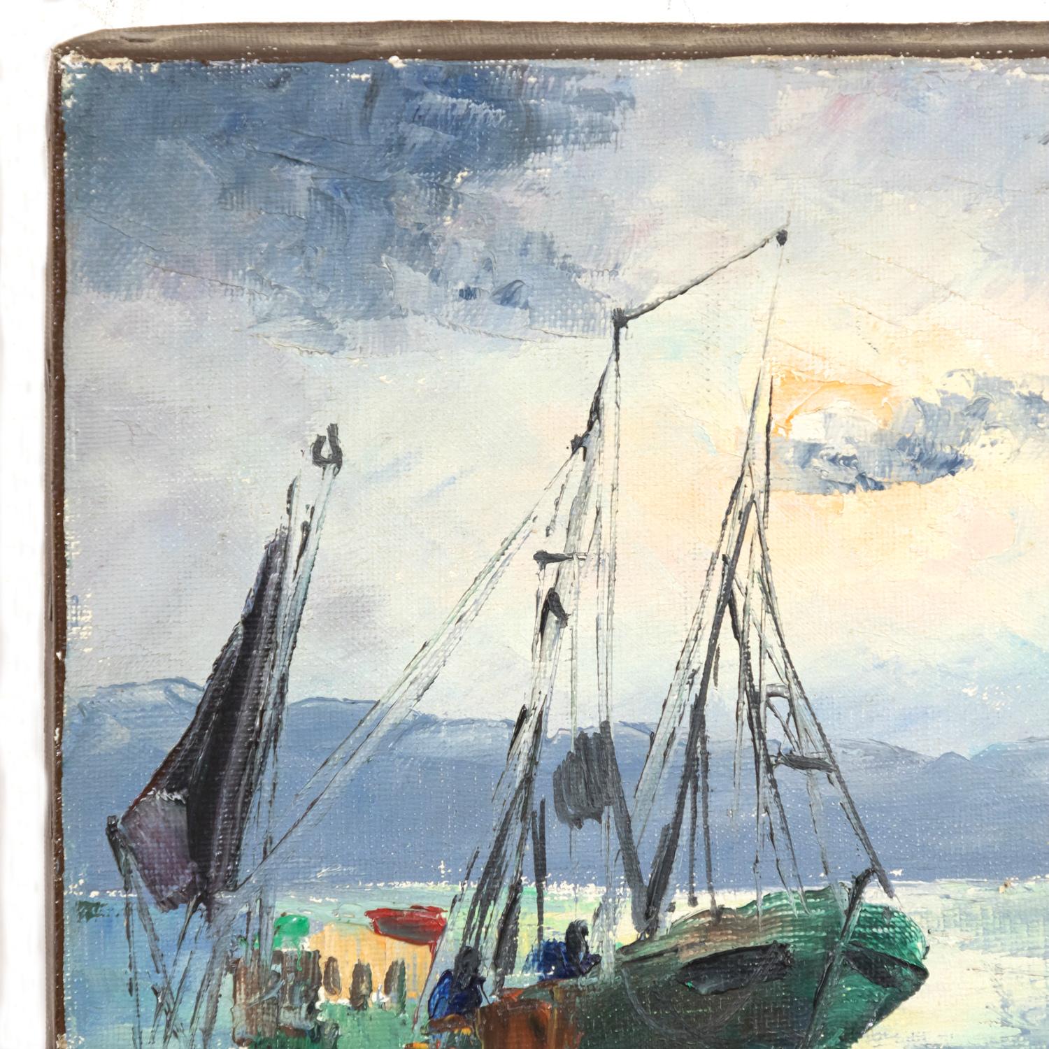 Francese Piccolo olio su tela francese che dipinge un paesaggio marino con barche da pesca e calanchi in vendita