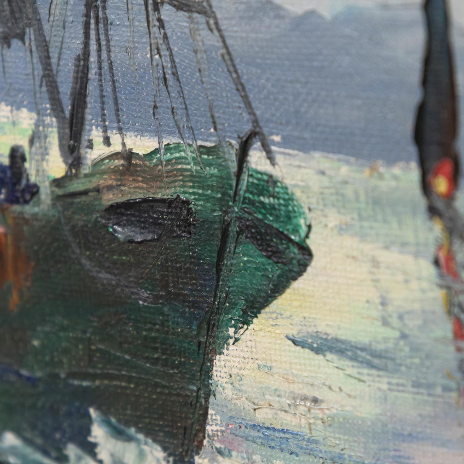Small Oil on Canvas French Seascape Painting Fishing Boats and Calanques In Good Condition For Sale In Birmingham, AL