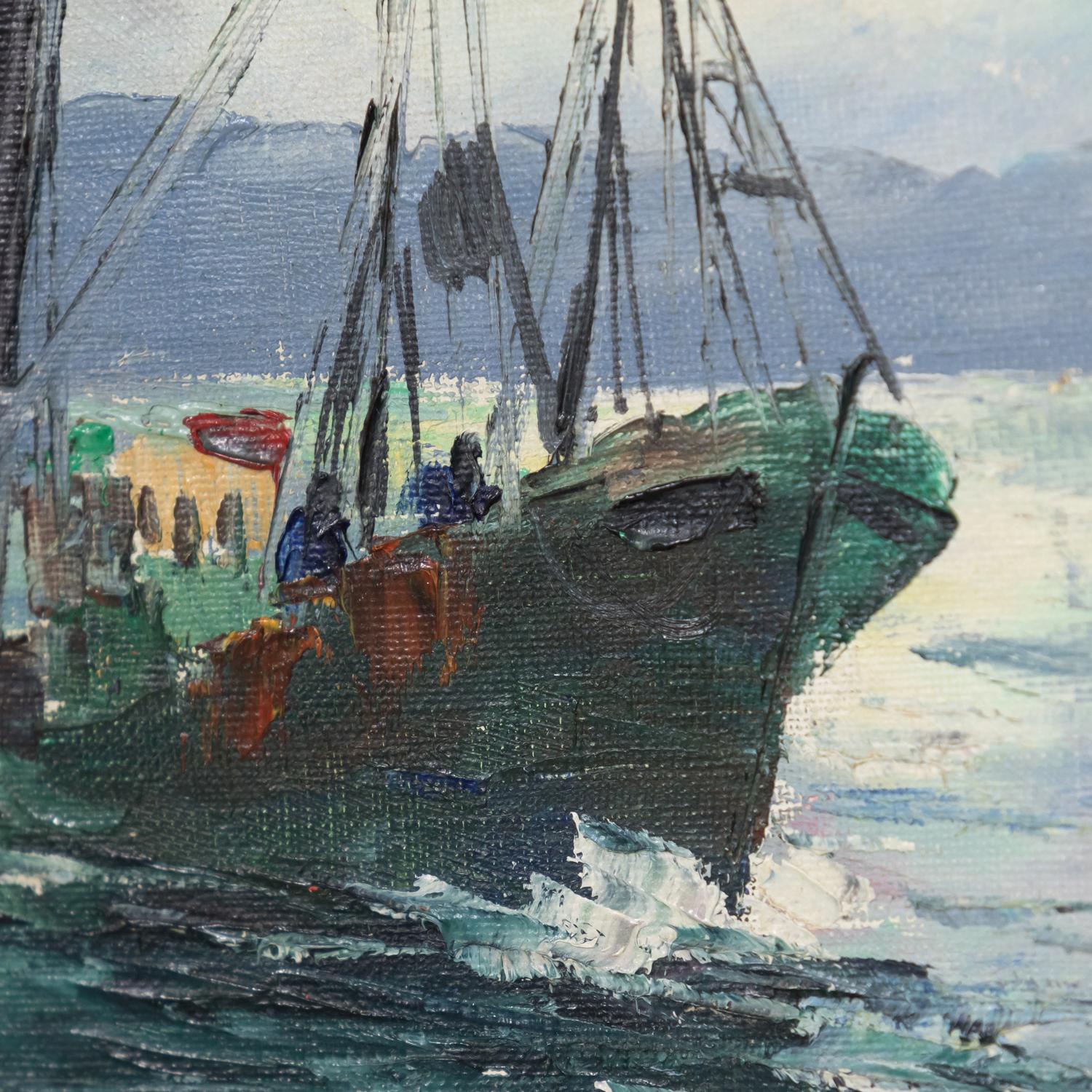 Mid-20th Century Small Oil on Canvas French Seascape Painting Fishing Boats and Calanques For Sale