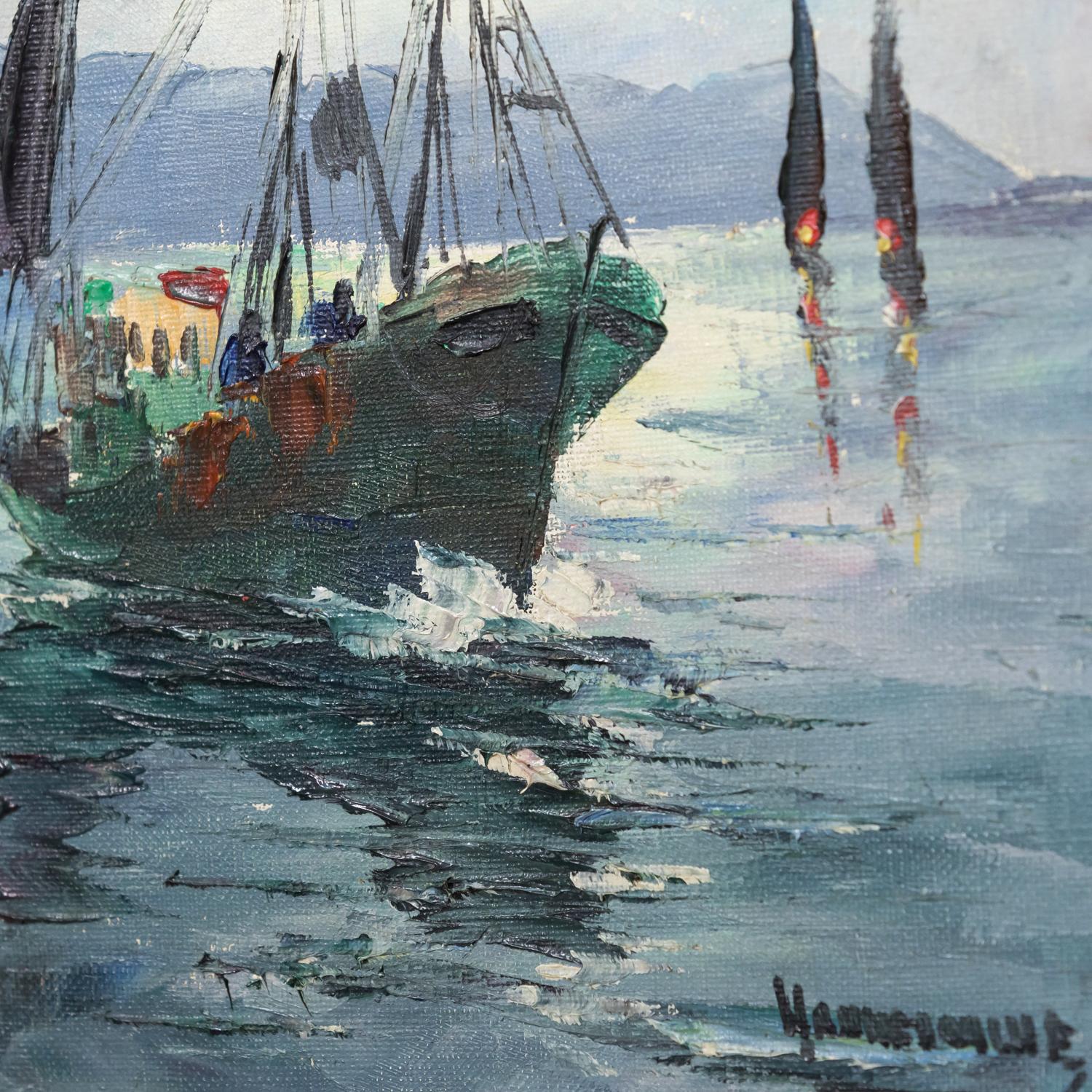 Metà XX secolo Piccolo olio su tela francese che dipinge un paesaggio marino con barche da pesca e calanchi in vendita
