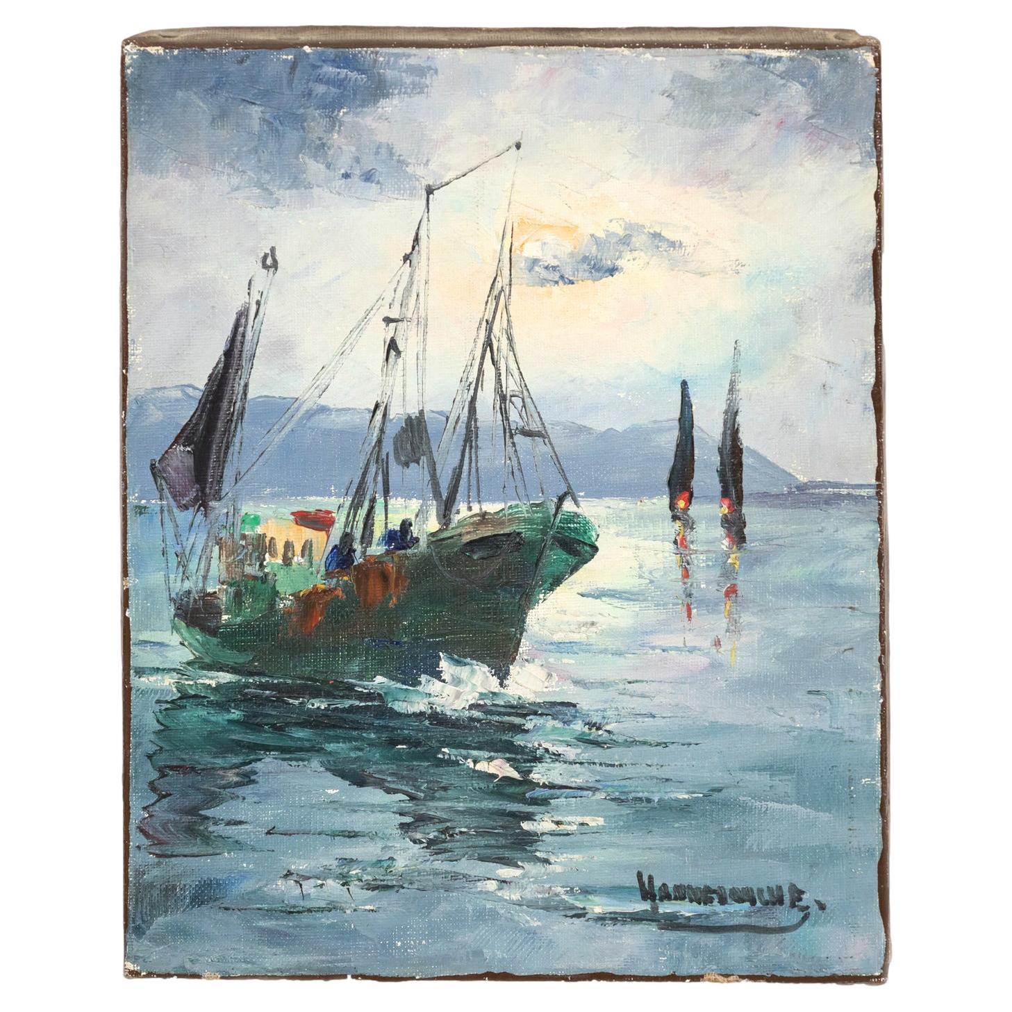 Petite peinture à l'huile sur toile - Paysage marin français - Bateaux de pêche et canoë