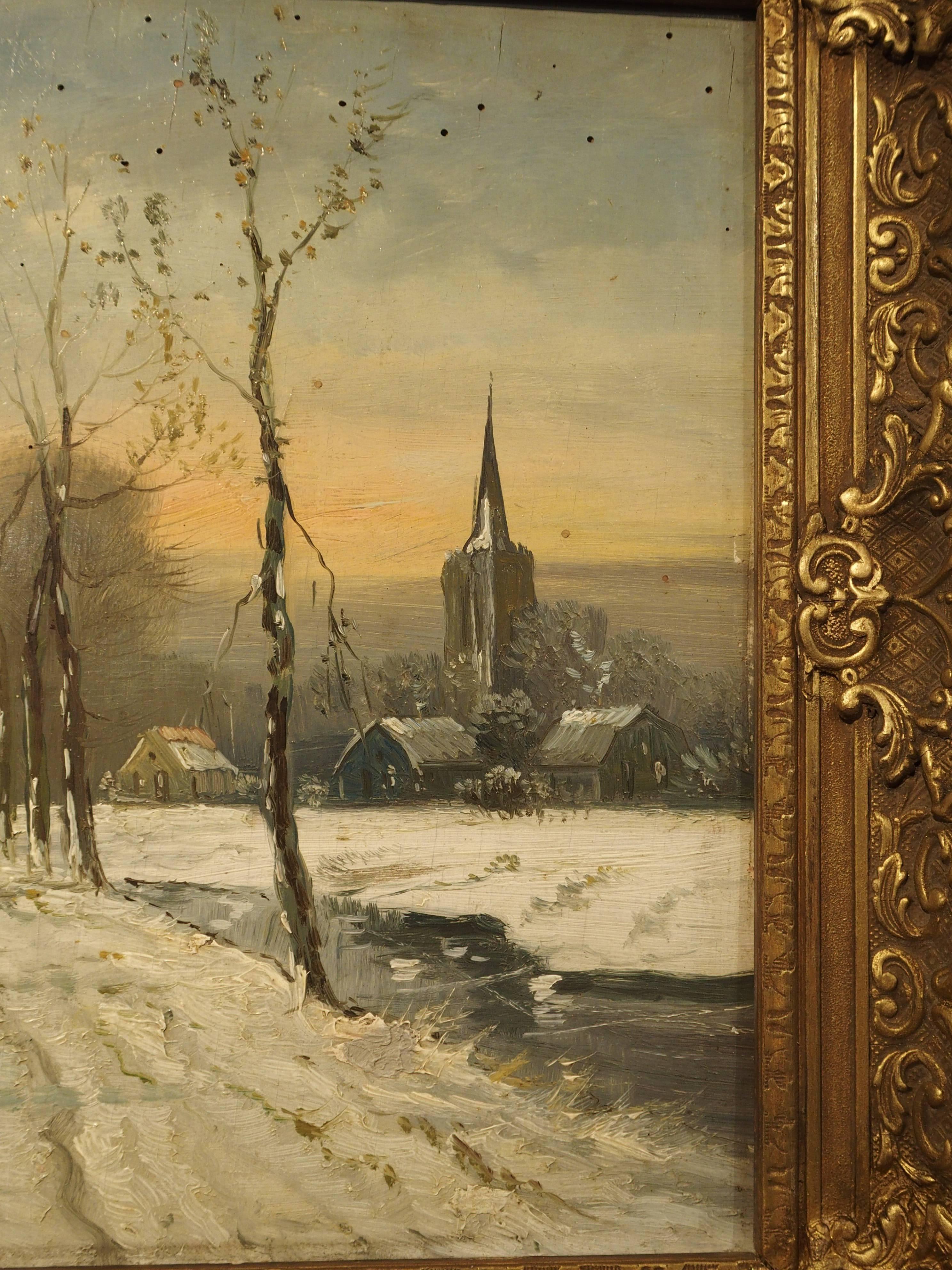Small Oil on Wood Winter Scene Painting by Jan Hofland, 20th Century In Good Condition In Dallas, TX