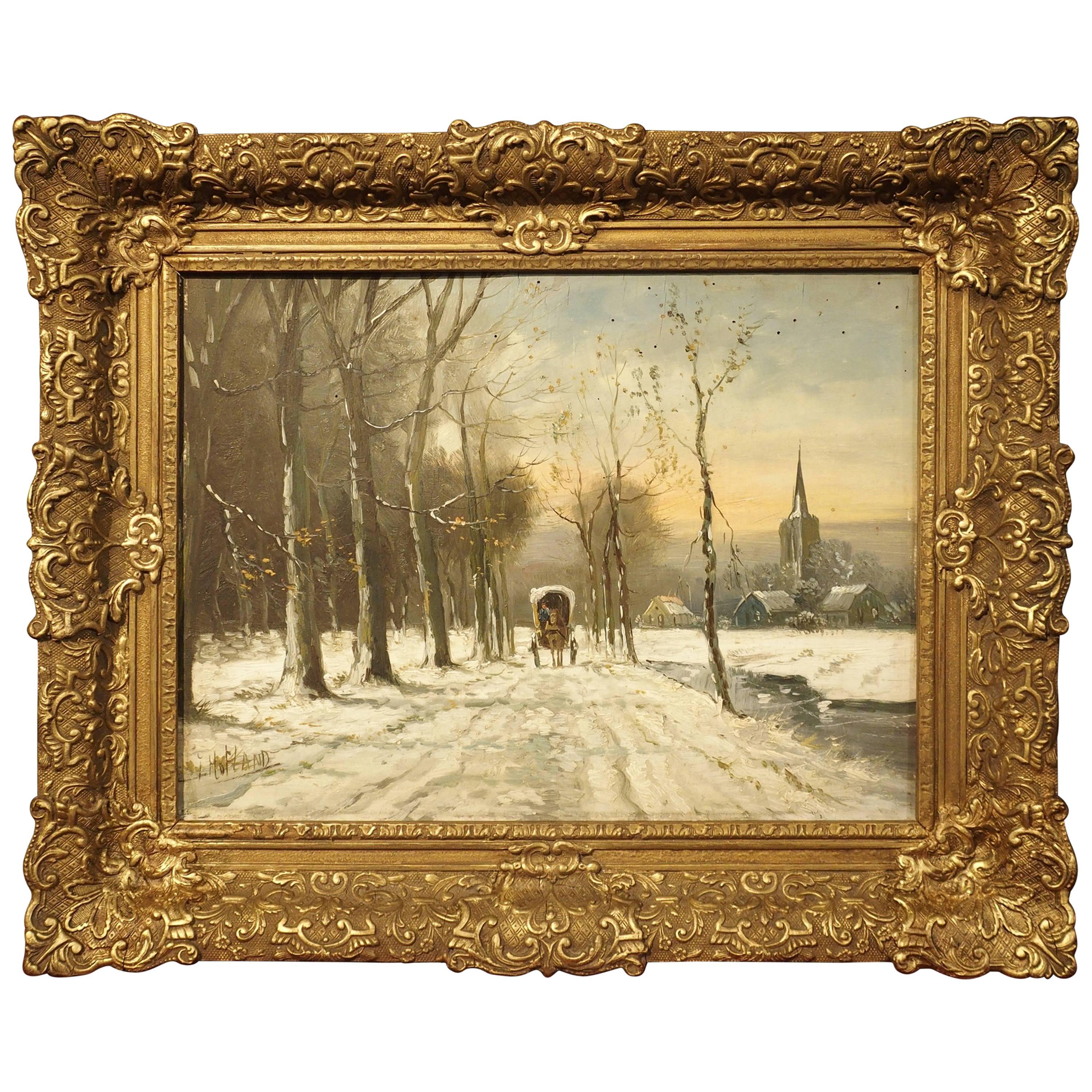 Small Oil on Wood Winter Scene Painting by Jan Hofland, 20th Century