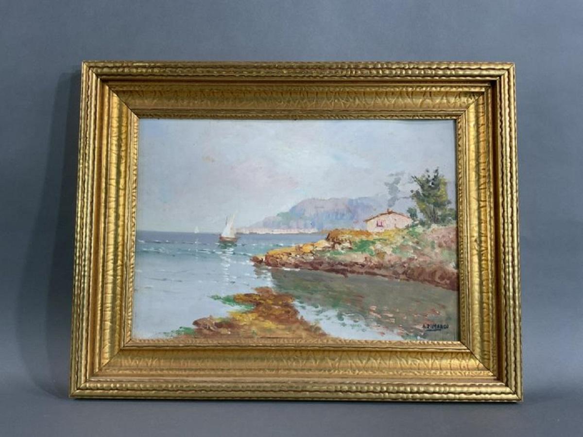 Oil painting of a waterfront cove. Signed lower right by A. Bimarco. Framed. Dimensions: 19