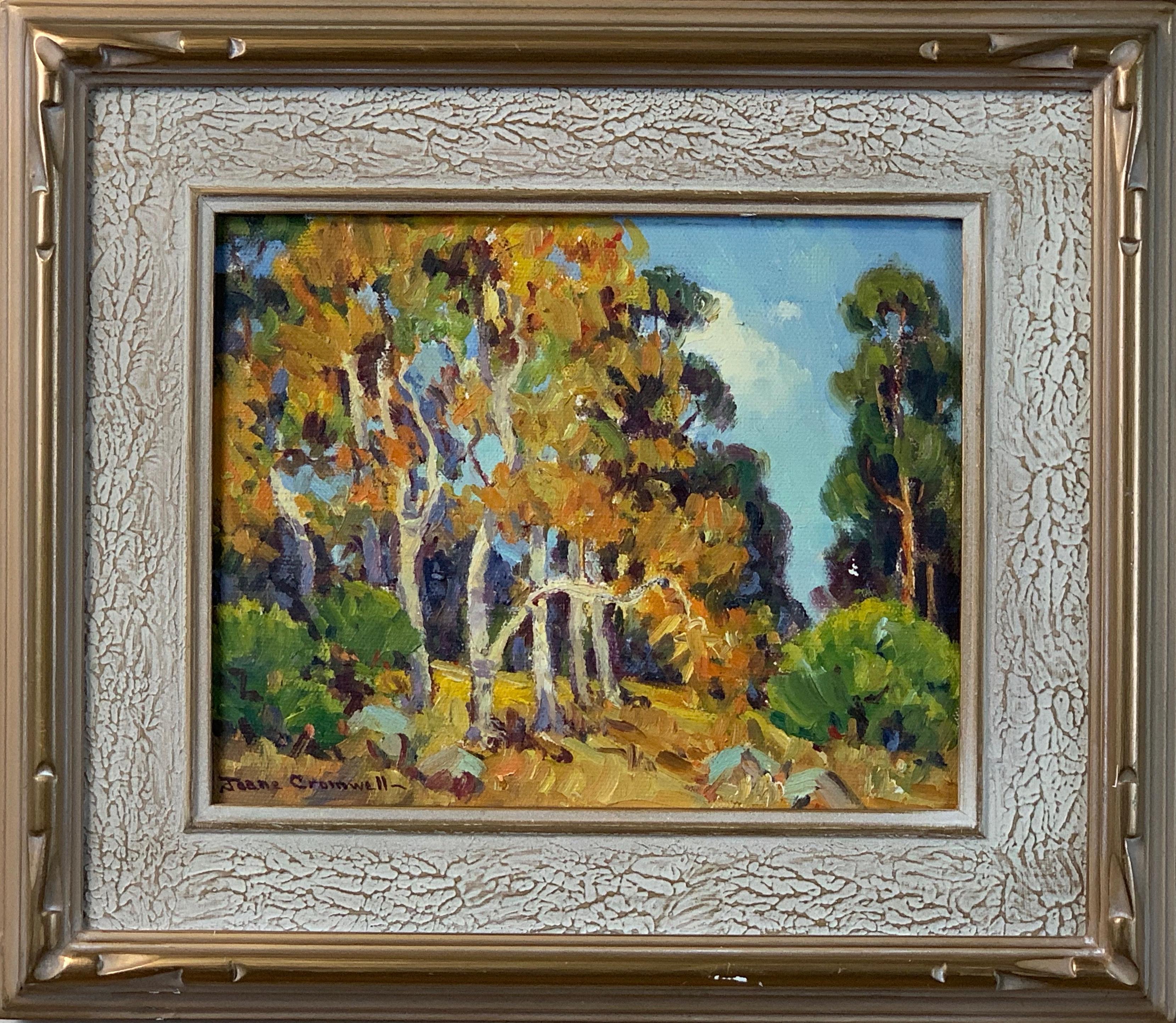 A small oil on board painting of Southern California Sycamores by noted Laguna Beach artist Joane Cromwell (1895-1969). Cromwell lived and worked in various places including Laguna Beach and Dana Point.