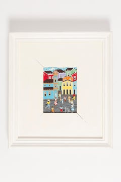 Small Oil Painting, White Wood Frame, The City, Ray Bai, 1995