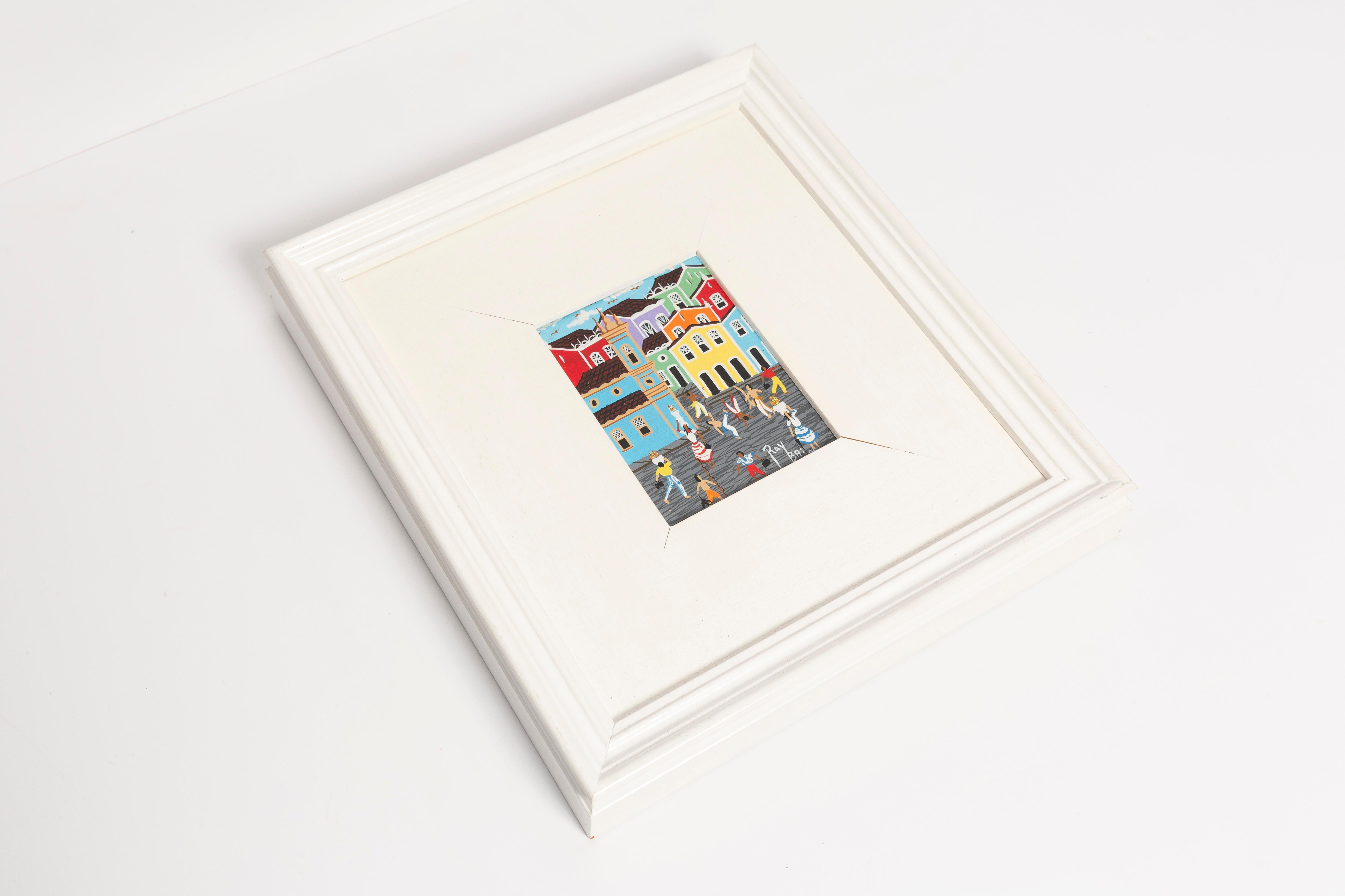 Bauhaus Small Oil Painting, White Wood Frame, The City, Ray Bai, 1995 For Sale