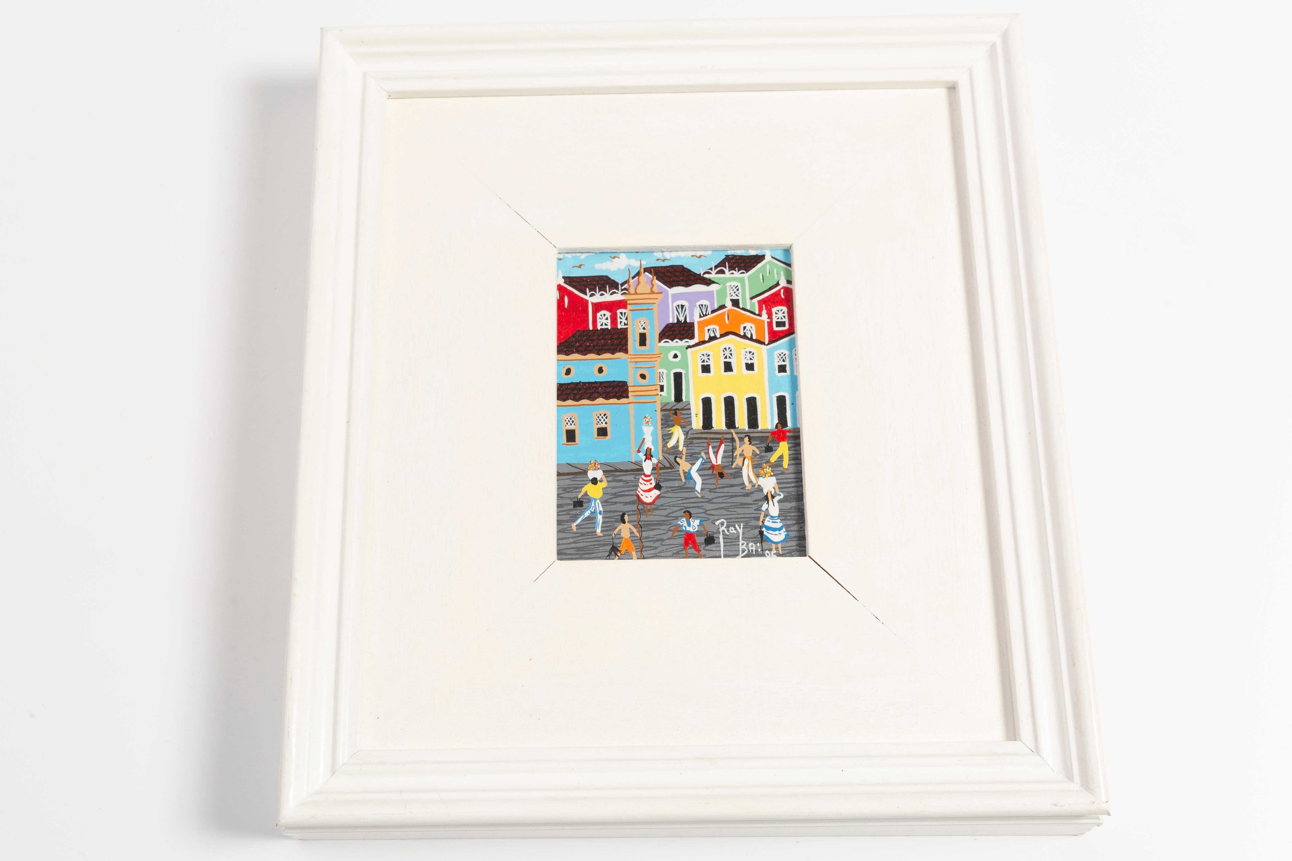 Late 20th Century Small Oil Painting, White Wood Frame, The City, Ray Bai, 1995 For Sale