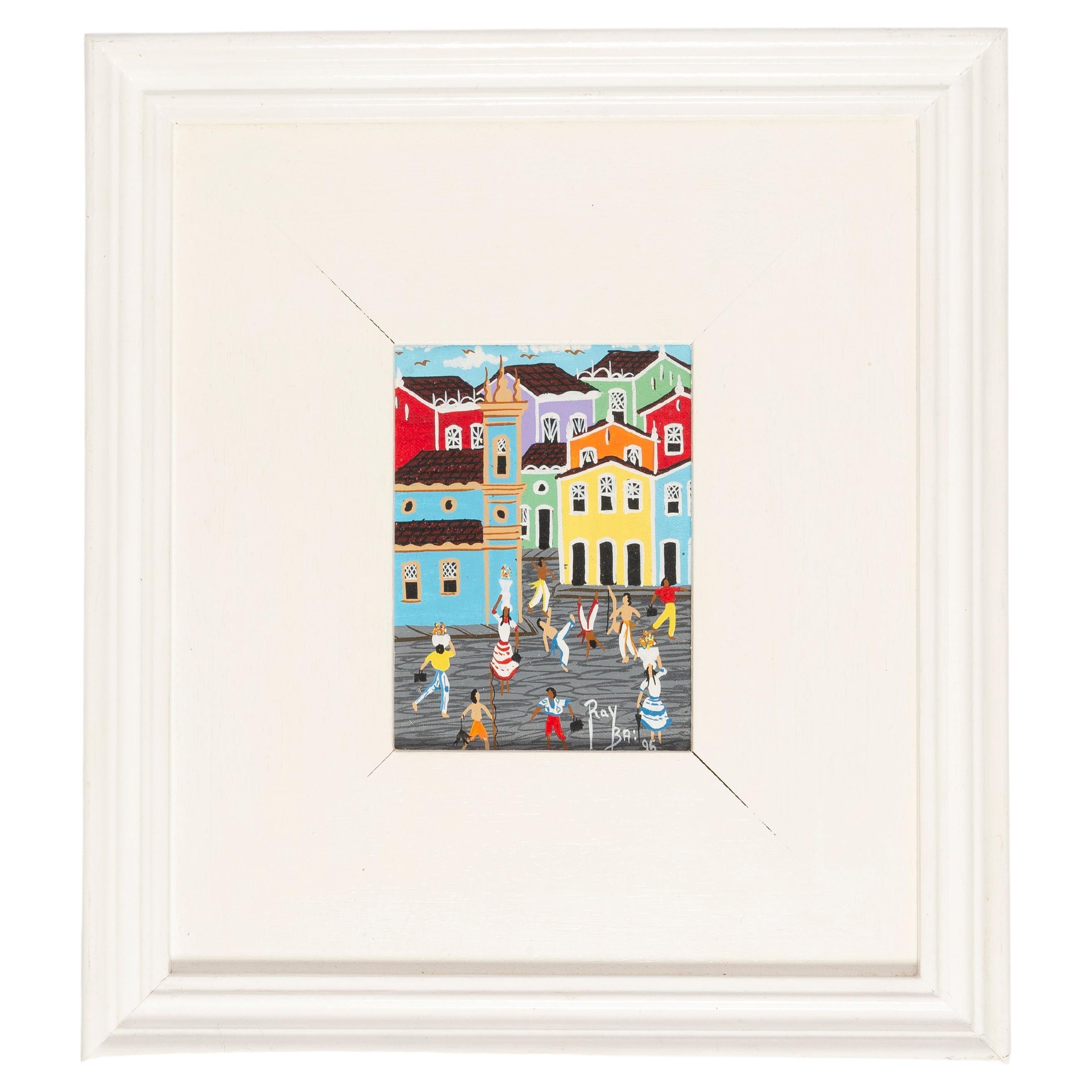 Small Oil Painting, White Wood Frame, The City, Ray Bai, 1995 For Sale