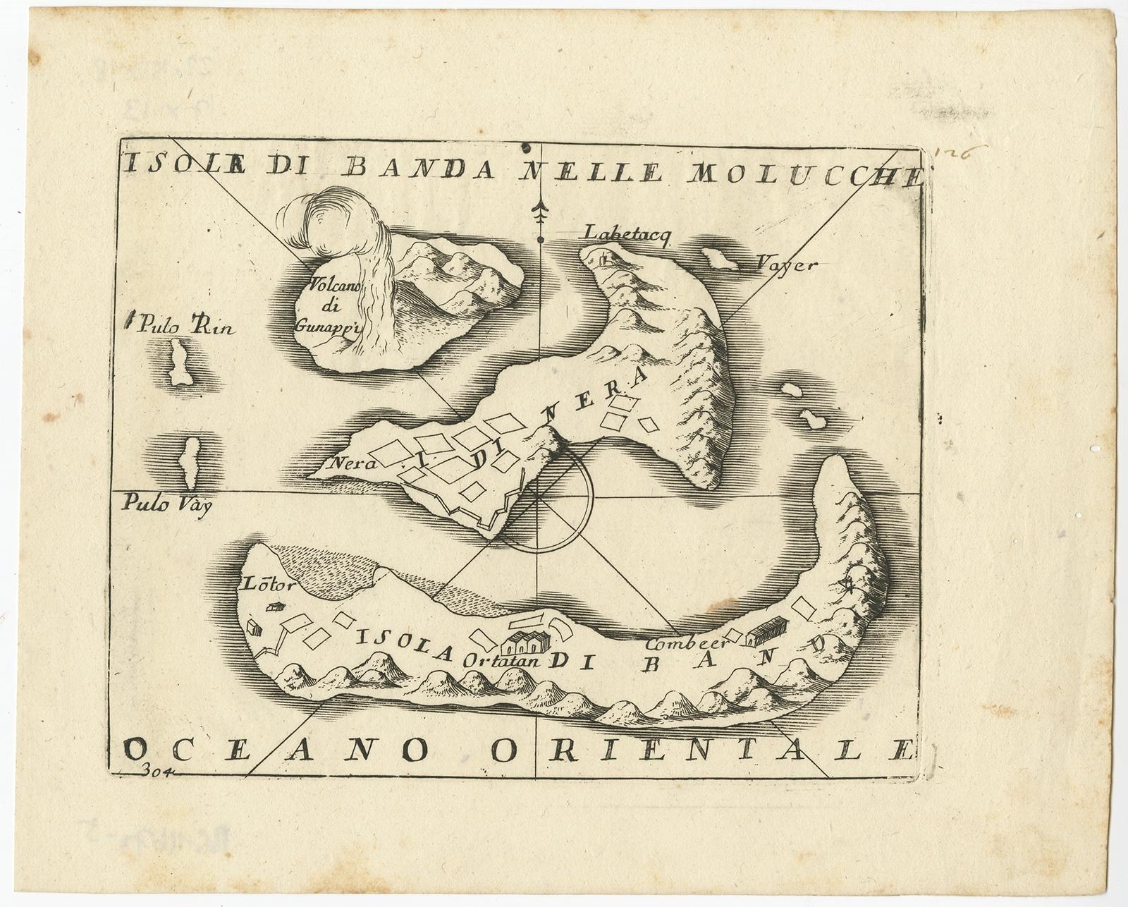 Antique map titled 'Isole di Banda Nelle Molucche'. 

Small old map depicting the Banda Islands, Indonesia. 

Artists and Engravers: Published by V.M. Coronelli in Venice, 1706.
