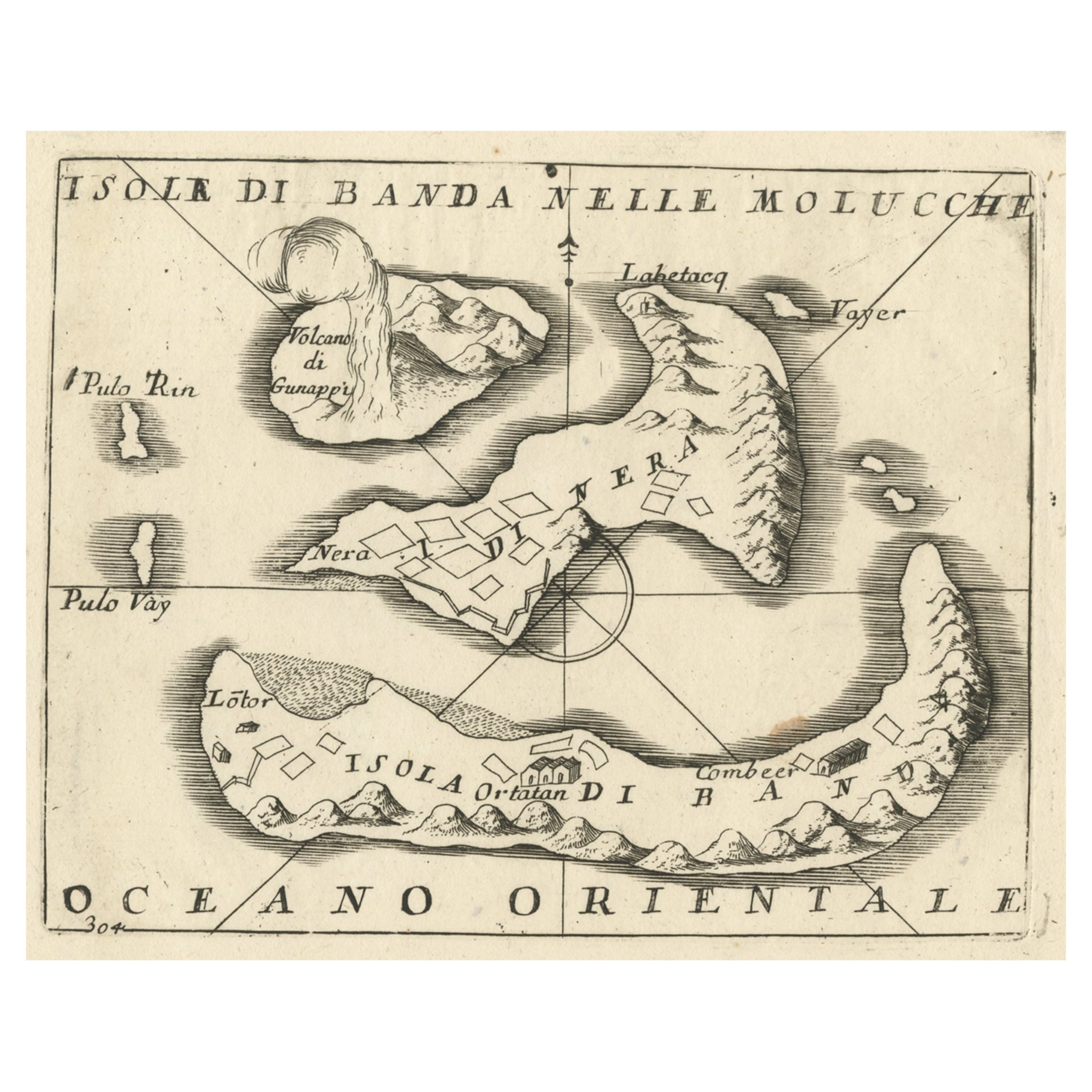 Piccola mappa antica raffigurante le Isole Banda o le Isole delle Spezie, Indonesia, 1706