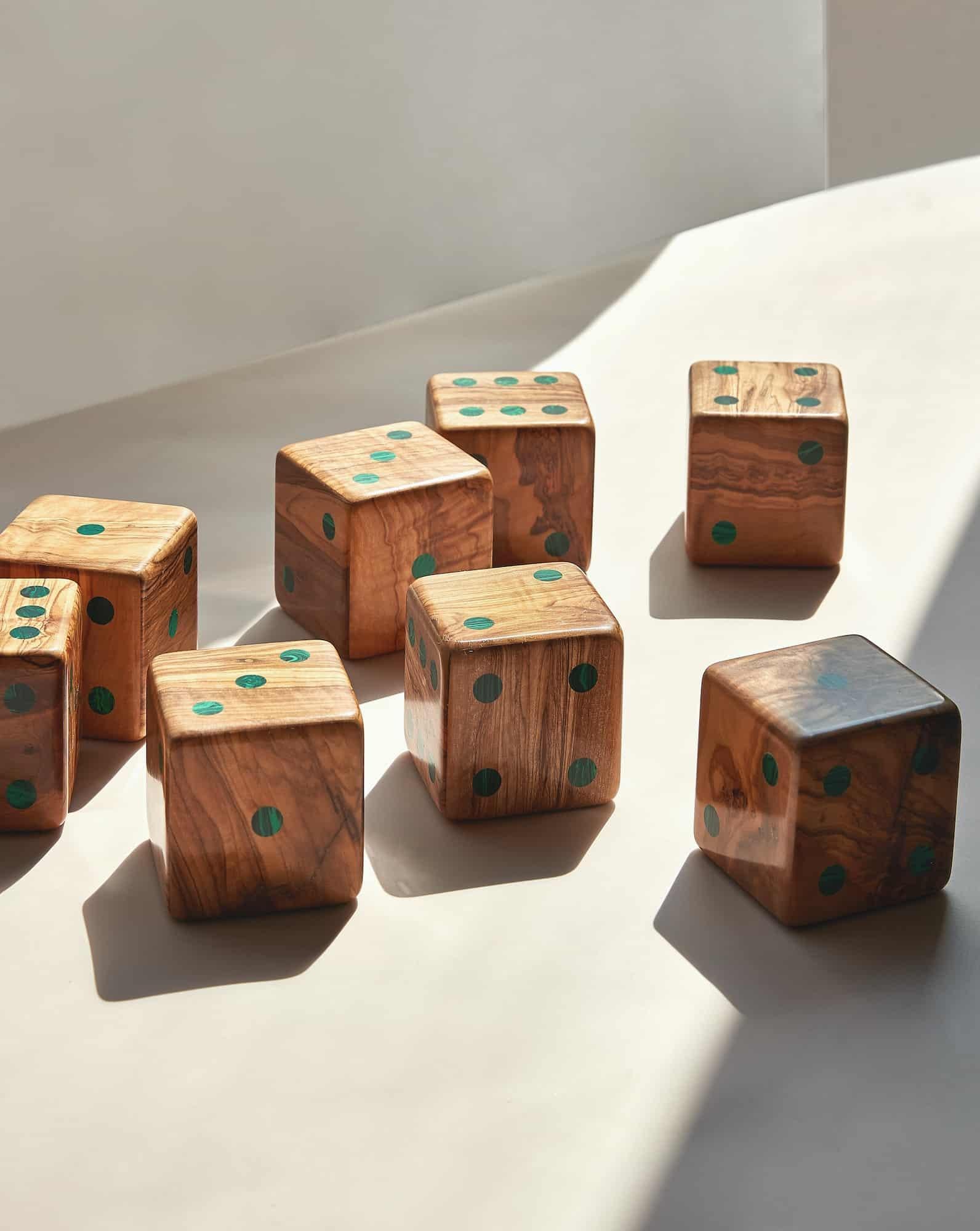 Post-Modern Small Olive Wood Dice Set by Marcela Cure For Sale